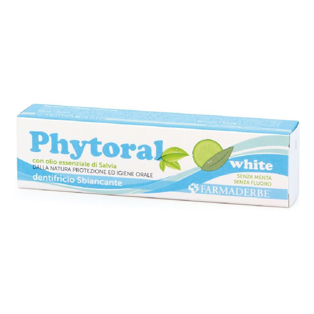 Scatola di dentifricio Phytoral, dentifricio Sbiancante, white. Con olio essenziale di salvia. Senza fluoro e menta. Marchio Farmaderbe.