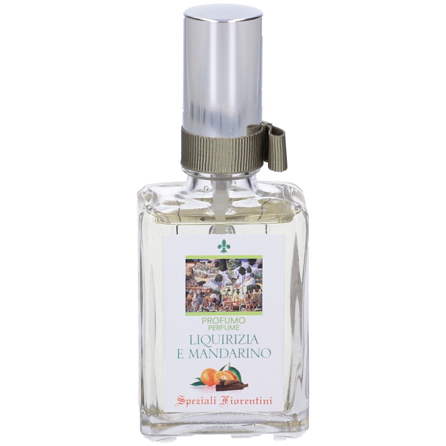Flacone in vetro con tappo argentato ed etichetta. Scritta: Liquirizia e Mandarino. Illustrazione di frutta.