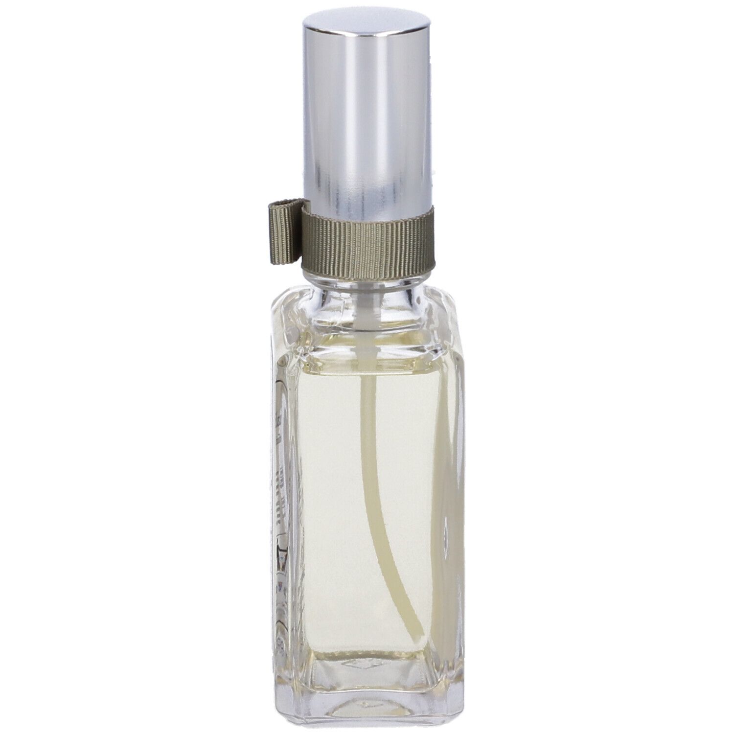 Flacone in vetro con tappo argentato e vaporizzatore. Liquido visibile. Nastro grigio al collo.