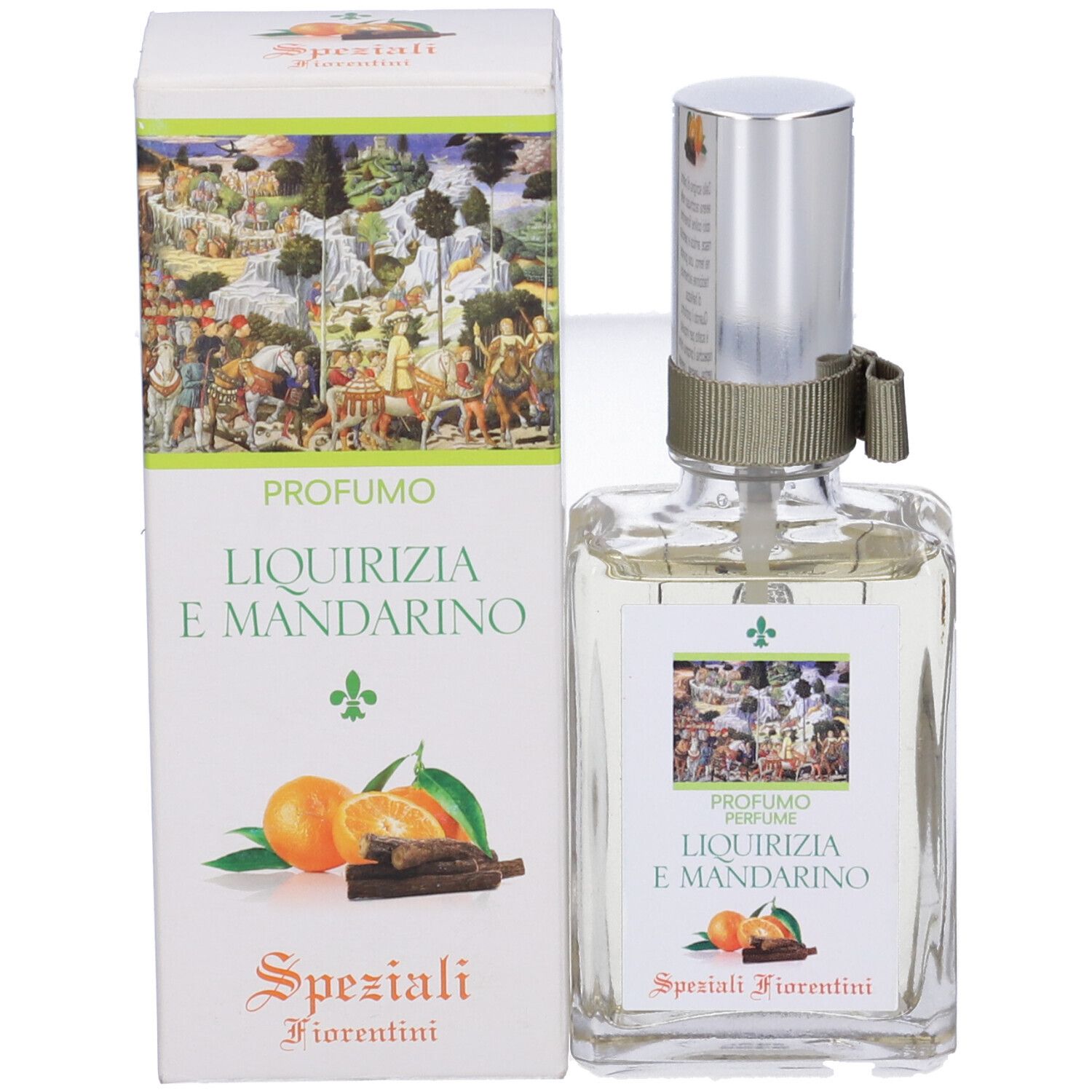 Flacone in vetro e confezione. Scritta: Liquirizia e Mandarino. Illustrazione di frutta. Tappo argentato.