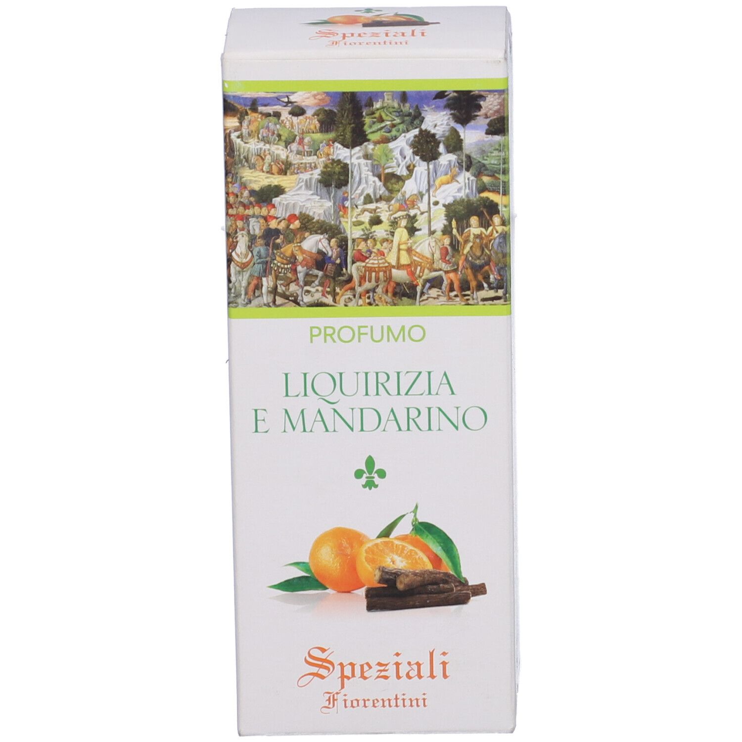 Confezione con scritta: Liquirizia e Mandarino. Illustrazione di frutta. Logo e scritta.
