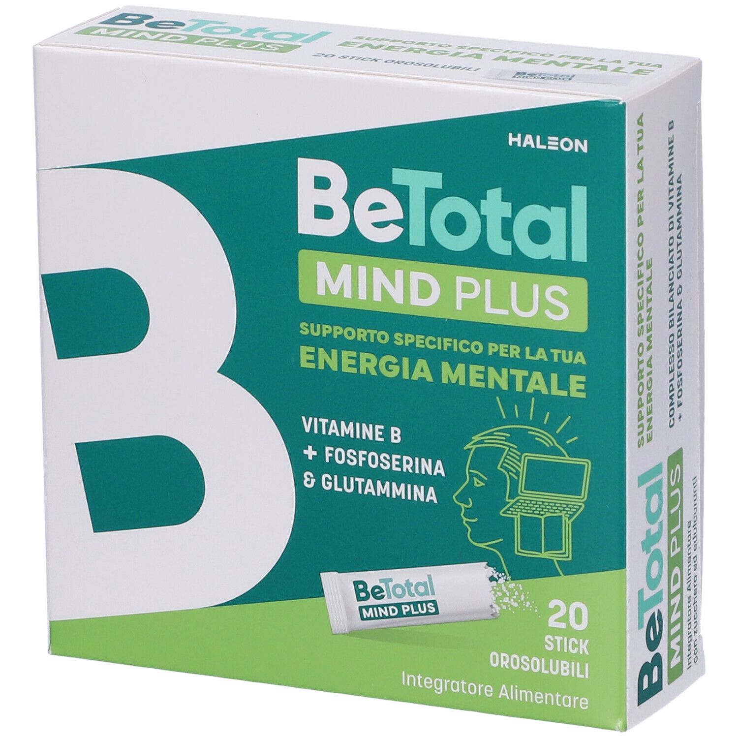 Confezione Be-Total Mind Plus. Contiene 20 stick. Scritta: Supporto per l'energia mentale. Vitamine B, fosfoserina, glutammina.