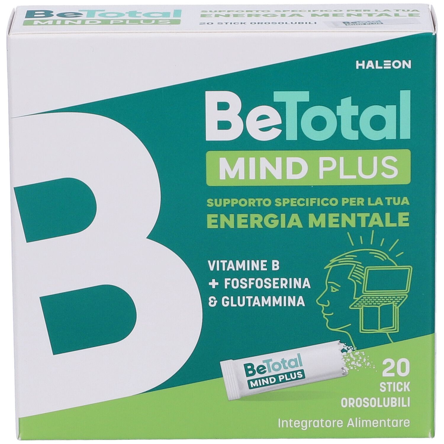 Confezione Be-Total Mind Plus. Contiene 20 stick. Scritta: Supporto per l'energia mentale. Vitamine B, fosfoserina, glutammina.