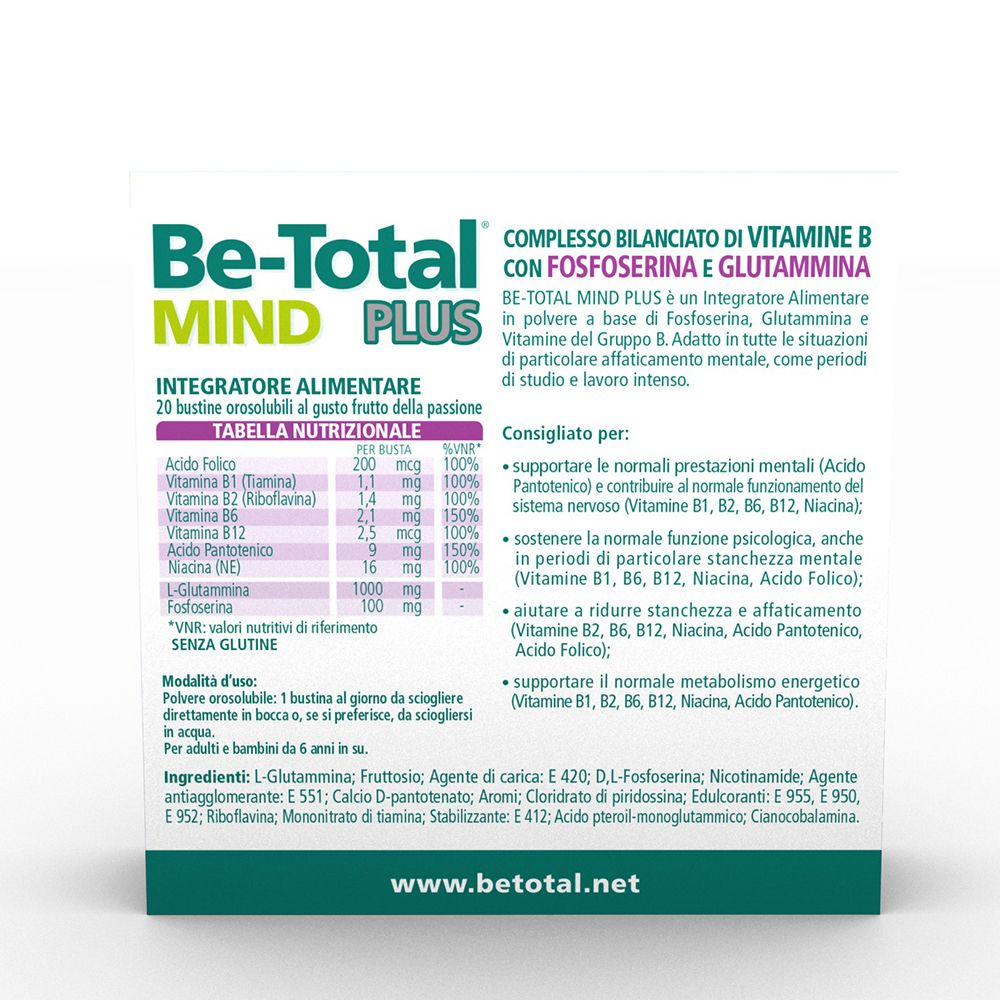 Retro della confezione Be-Total Mind Plus. Contiene tabella nutrizionale e informazioni su ingredienti e utilizzo.