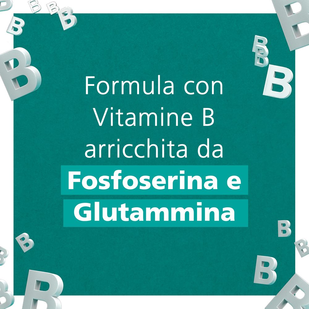 Testo su sfondo verde: Formula con vitamina B arricchita con fosfoserina e glutammina. Simboli B.