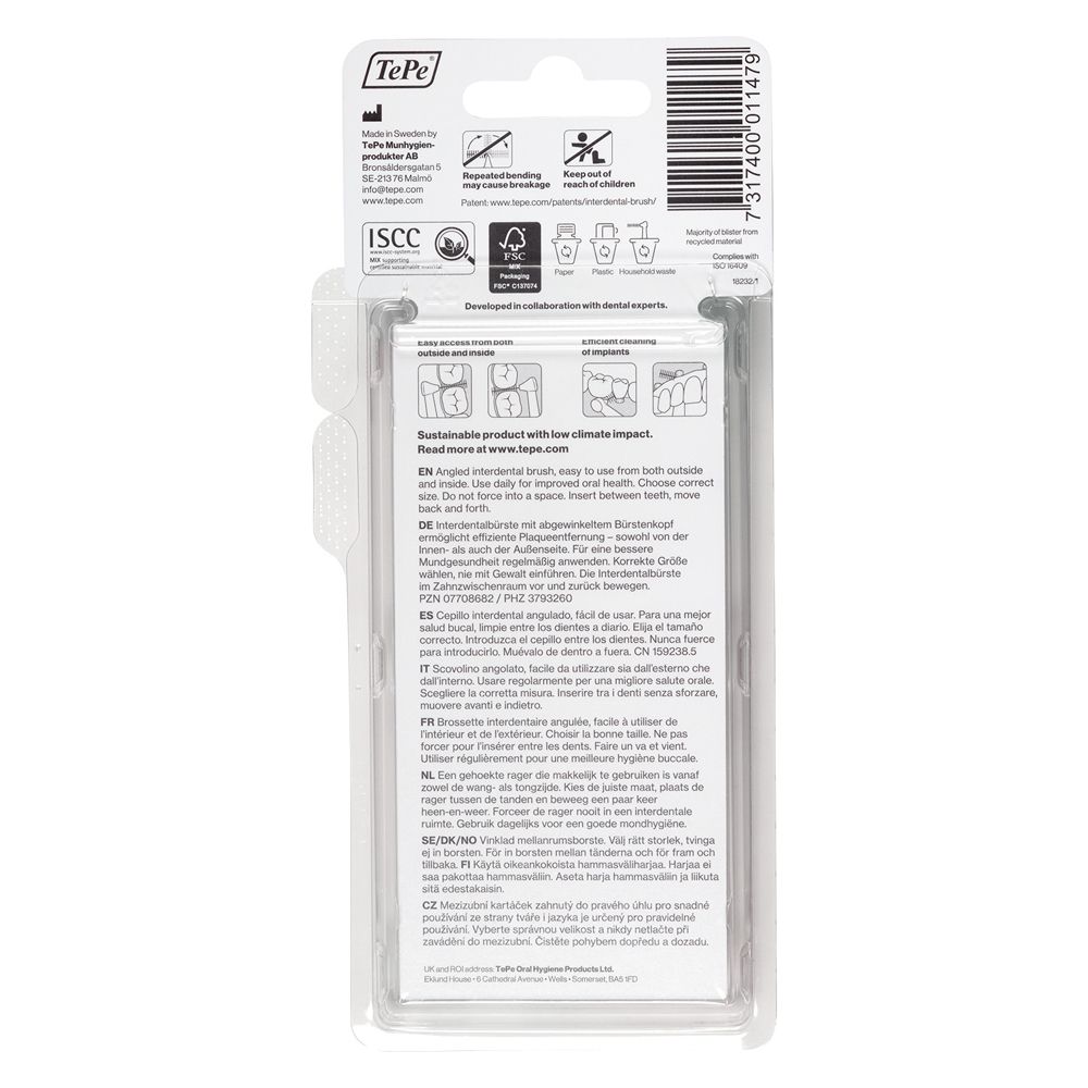 Rückseite der Verpackung mit Informationen zu den TePe Angle Interdentalbürsten. Text in mehreren Sprachen.