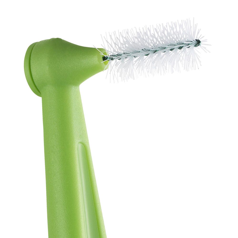 Primo piano della testina di uno scovolino verde. Setole bianche.