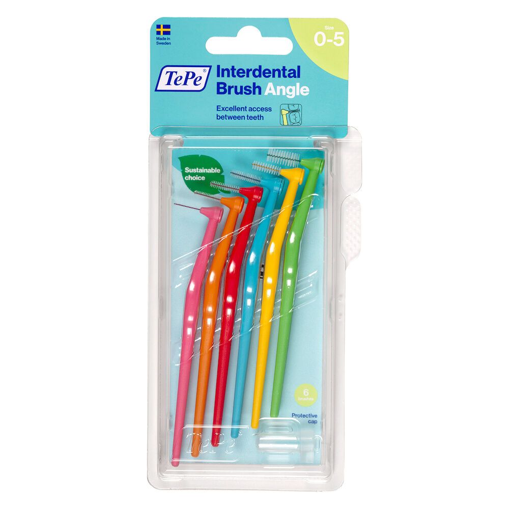 Confezione di sei scovolini interdentali TePe Angle™ colorati. La confezione mostra il prodotto e il marchio.
