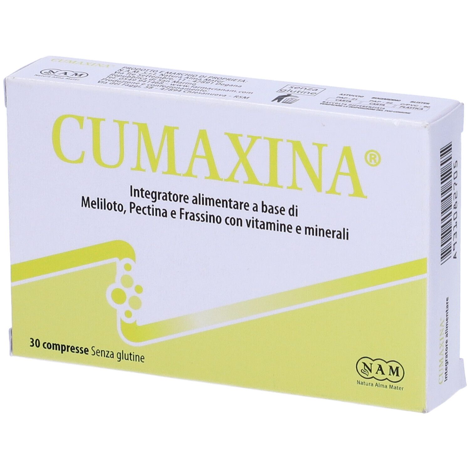Scatola con testo giallo. Scritto: CUMAXINA, 30 compresse Senza glutine. Contiene Meliloto, Pectina, Frassino, vitamine e minerali.