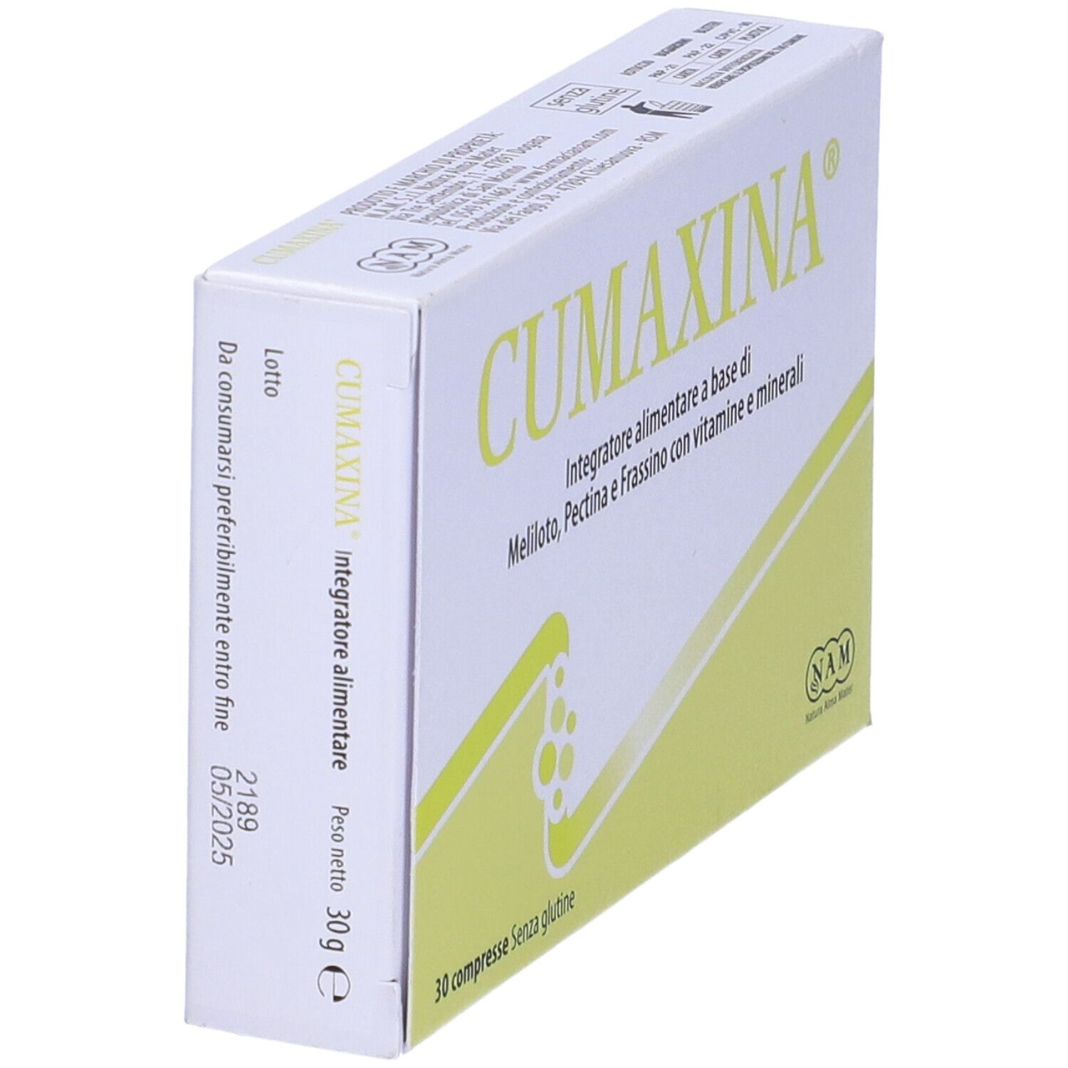 Scatola, vista laterale. Scritto: CUMAXINA, Integratore alimentare. Contiene Meliloto, Pectina, Frassino, vitamine e minerali. 30g.