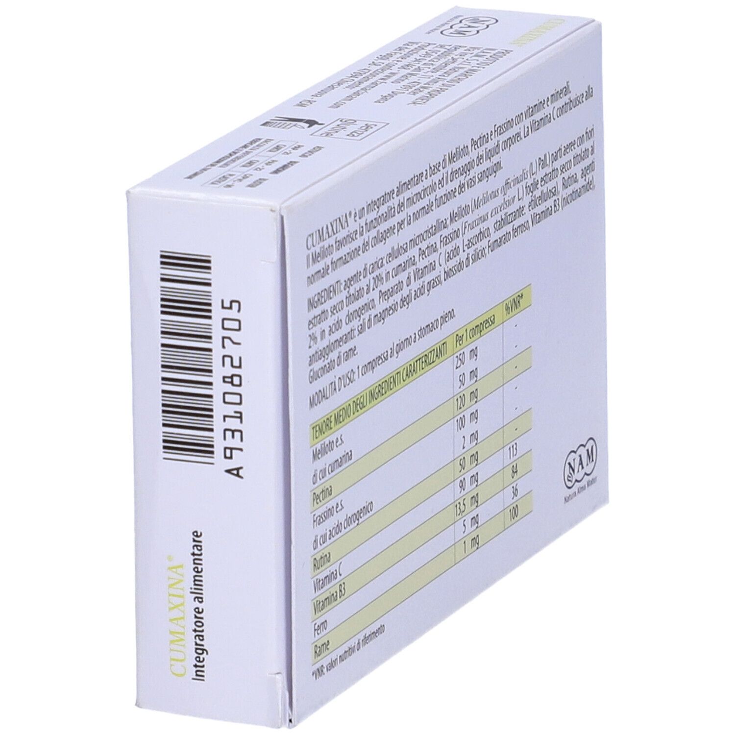 Scatola, vista obliqua. Scritto: CUMAXINA, Integratore alimentare. Contiene ingredienti, informazioni nutrizionali e istruzioni per l'uso.