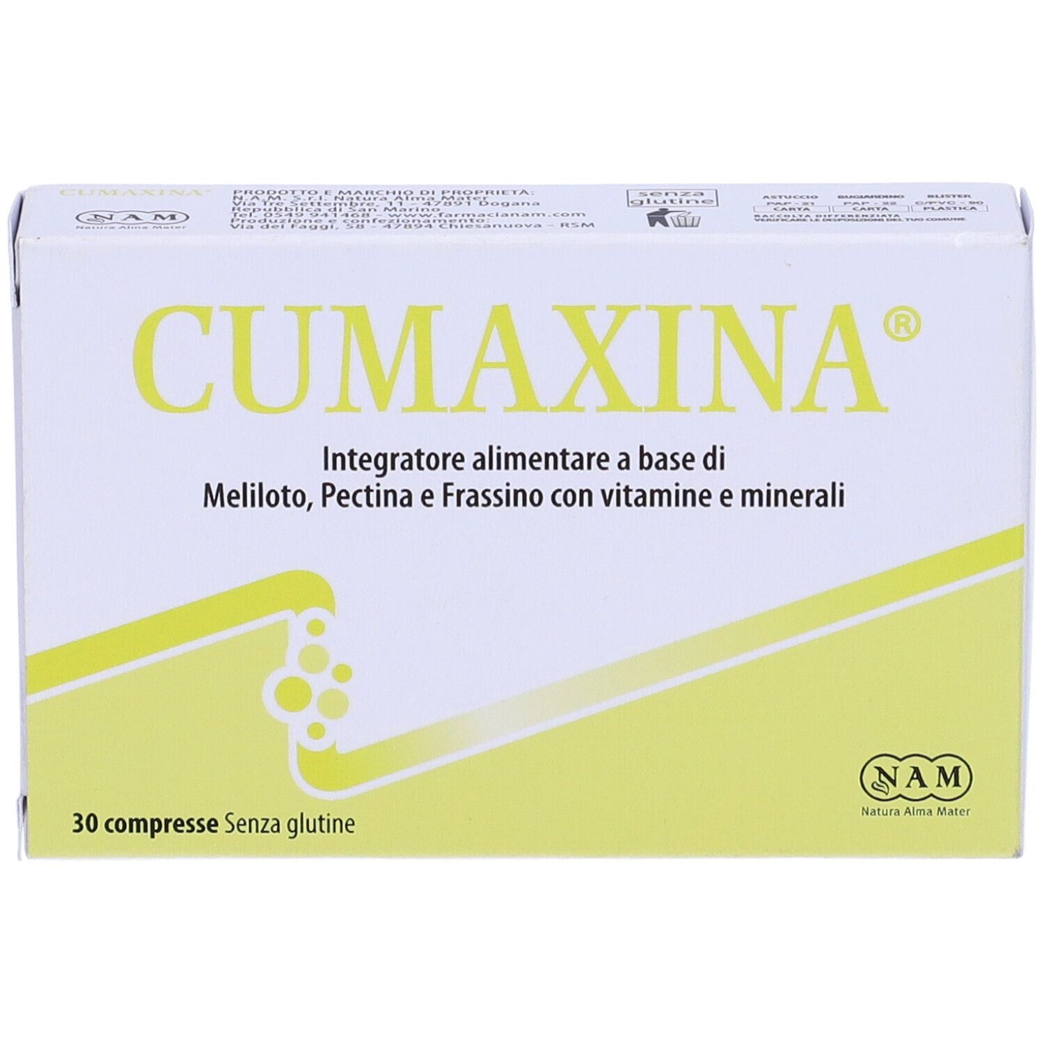 Scatola con testo giallo. Scritto: CUMAXINA, 30 compresse Senza glutine. Contiene Meliloto, Pectina, Frassino, vitamine e minerali.