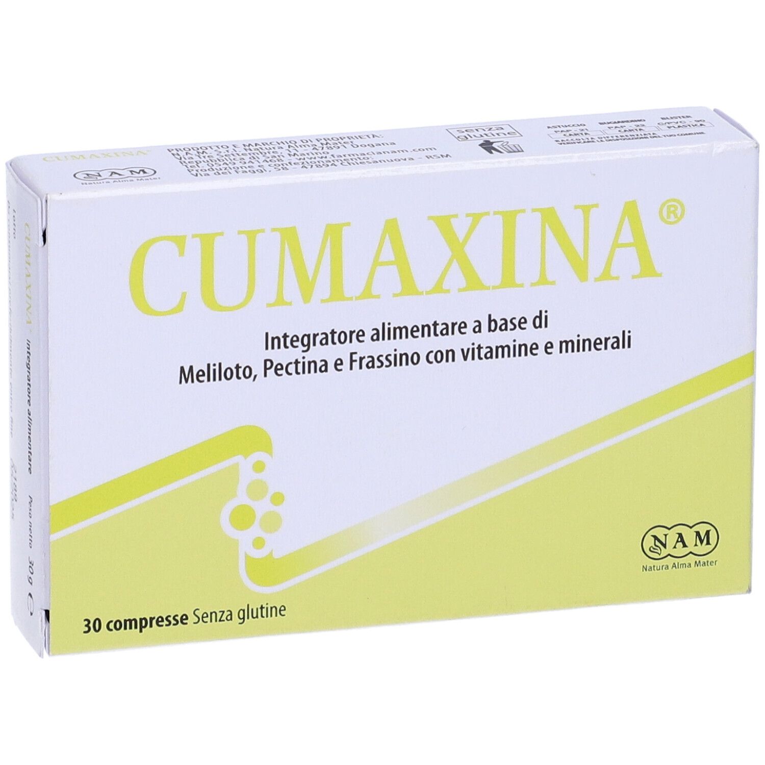Scatola con testo giallo. Scritto: CUMAXINA, 30 compresse Senza glutine. Contiene Meliloto, Pectina, Frassino, vitamine e minerali.