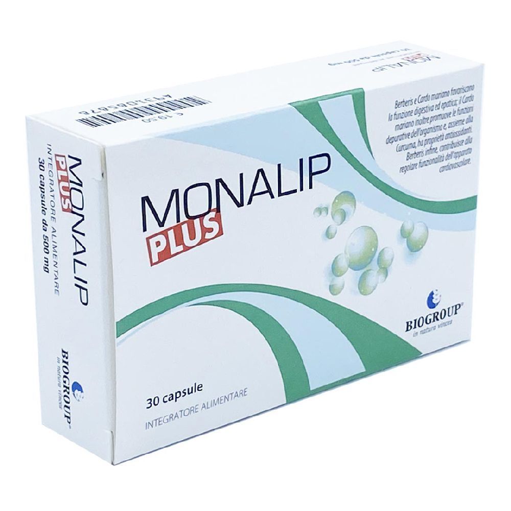 Scatola bianca con logo "Monalip Plus". 30 capsule, 500 mg. Logo Biogroup. Elementi di design verdi e blu.