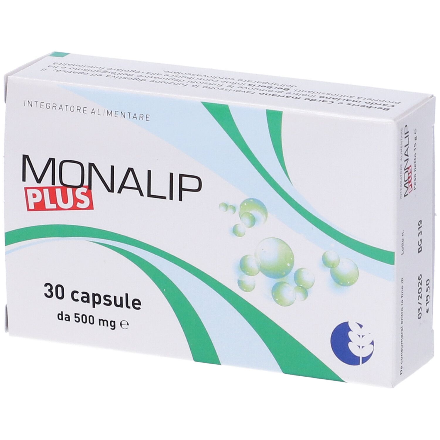 Scatola bianca con logo "Monalip Plus". 30 capsule, 500 mg. Elementi di design verdi e blu. Testo in alto.