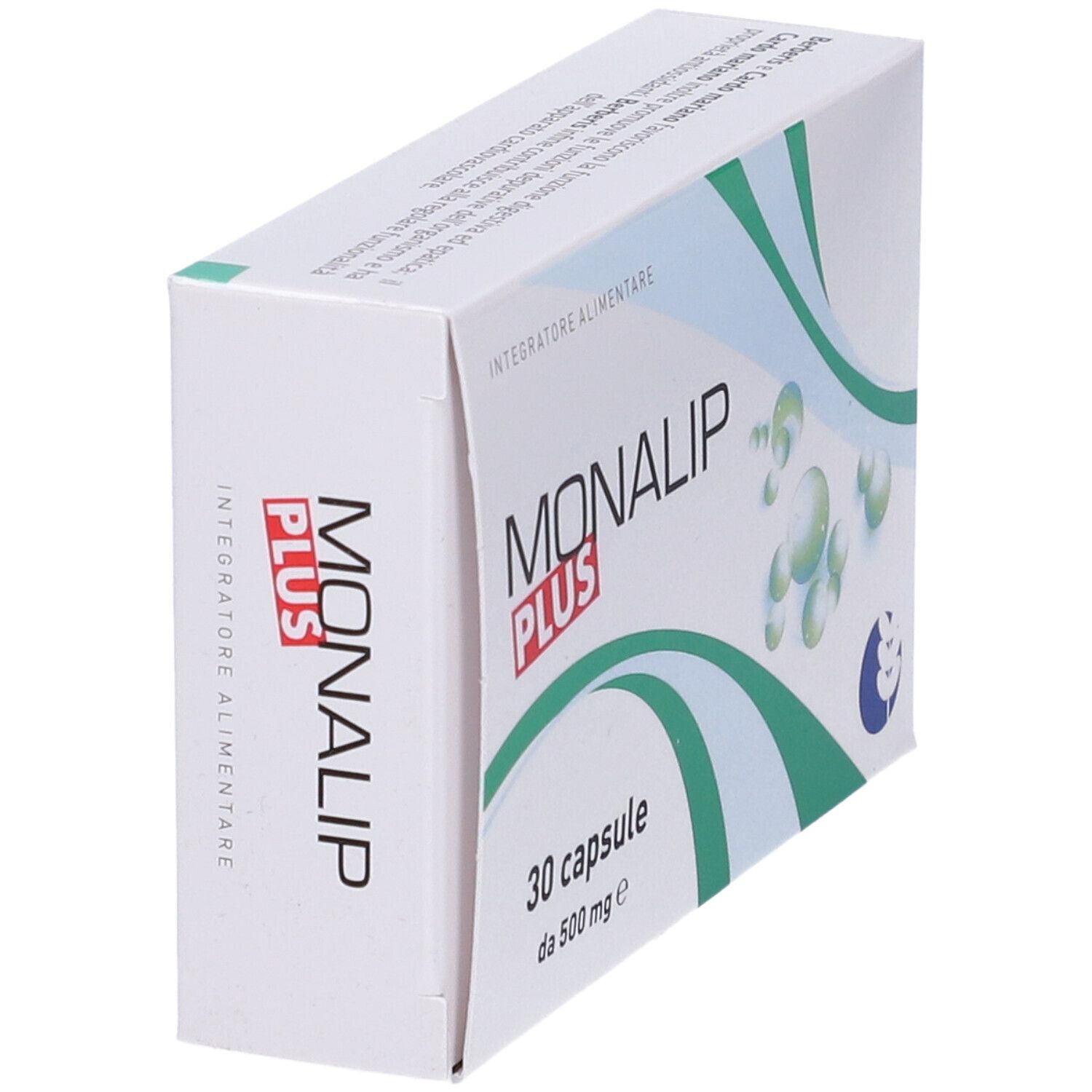 Scatola bianca con logo "Monalip Plus". 30 capsule, 500 mg. Elementi di design verdi e blu. Vista obliqua.