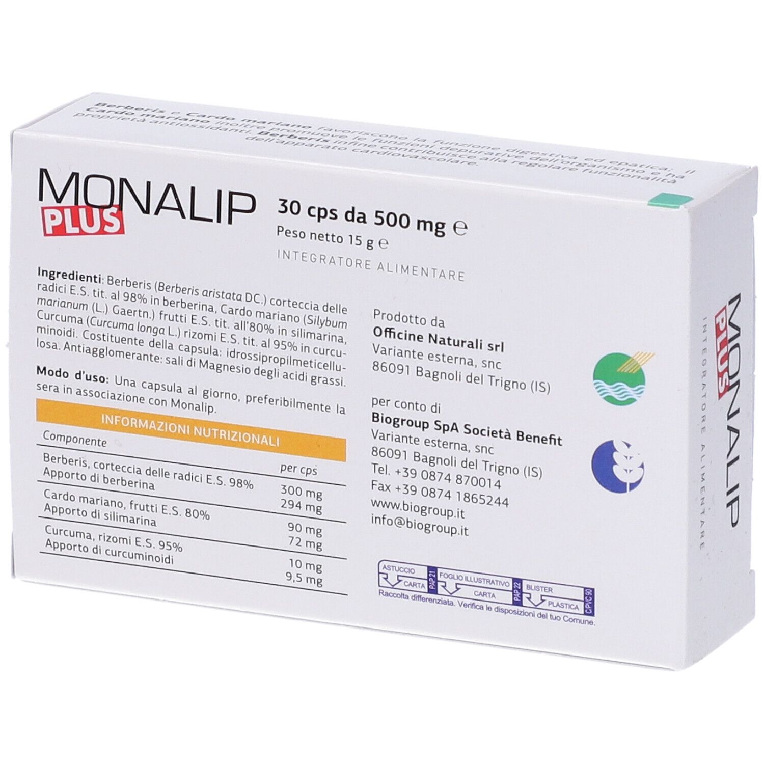 Scatola bianca con logo "Monalip Plus". 30 capsule, 500 mg. Ingredienti e informazioni del produttore.