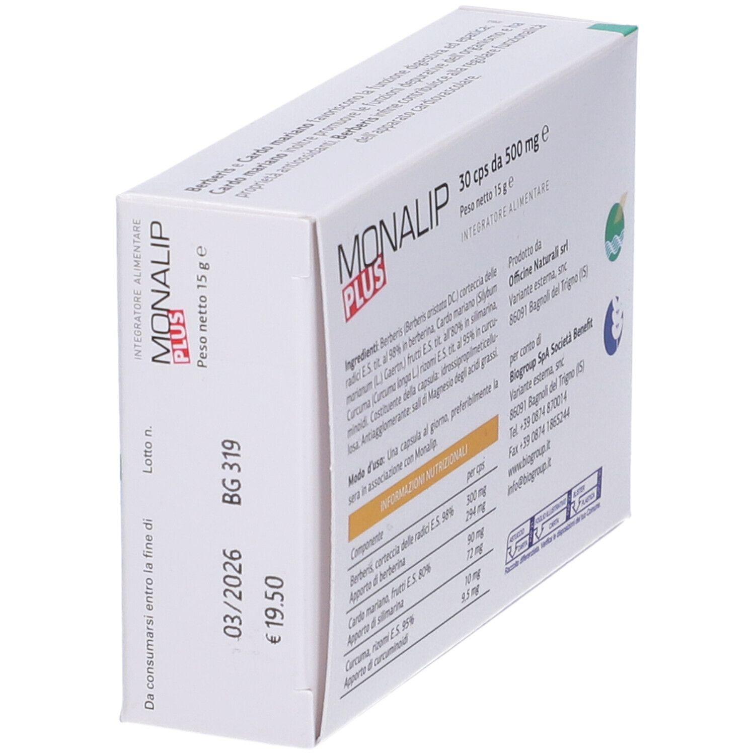 Scatola bianca con logo "Monalip Plus". 30 capsule, 500 mg. Ingredienti e informazioni del produttore. Date.