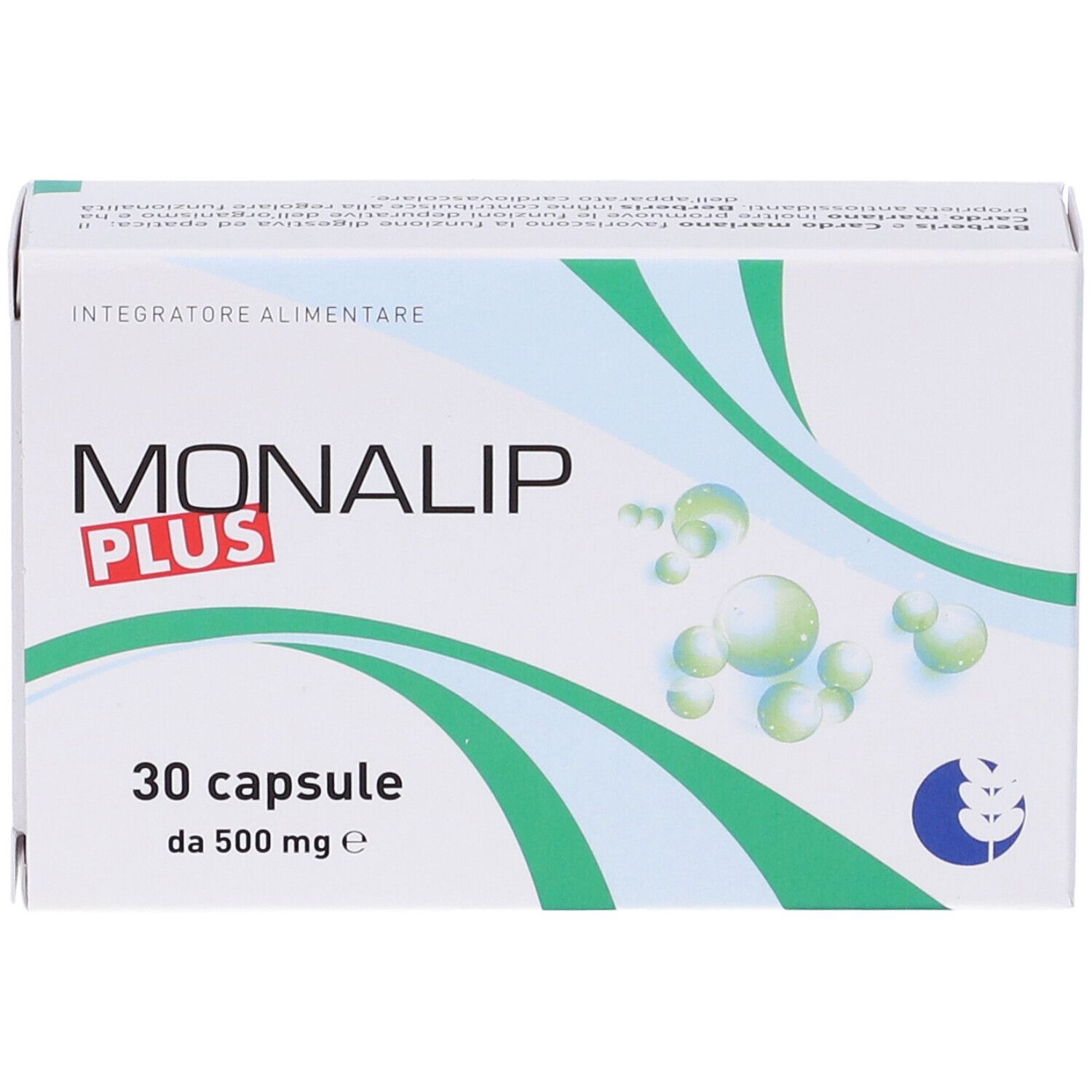Scatola bianca con logo "Monalip Plus". 30 capsule, 500 mg. Elementi di design verdi e blu. Primo piano.