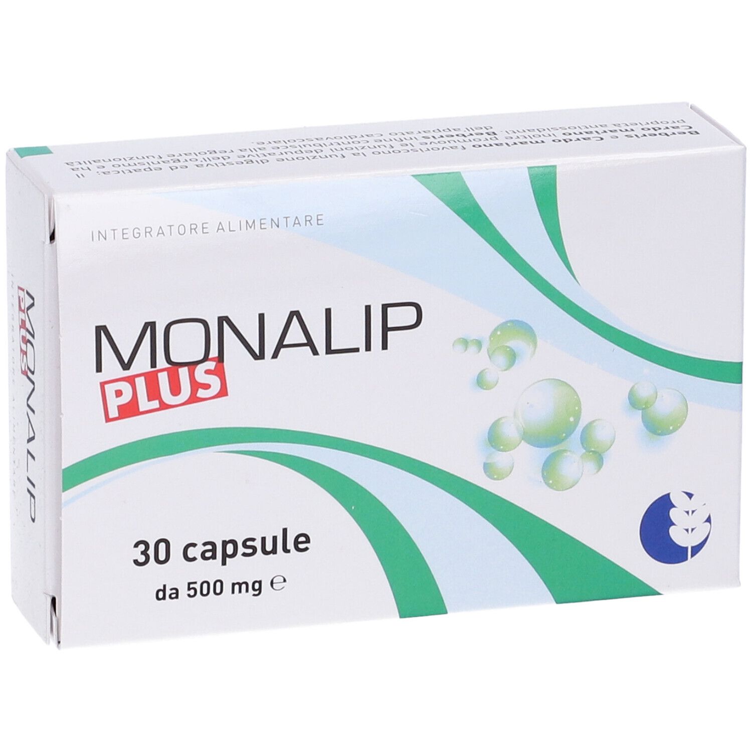 Scatola bianca con logo "Monalip Plus". 30 capsule, 500 mg. Elementi di design verdi e blu. Vista prospettica.
