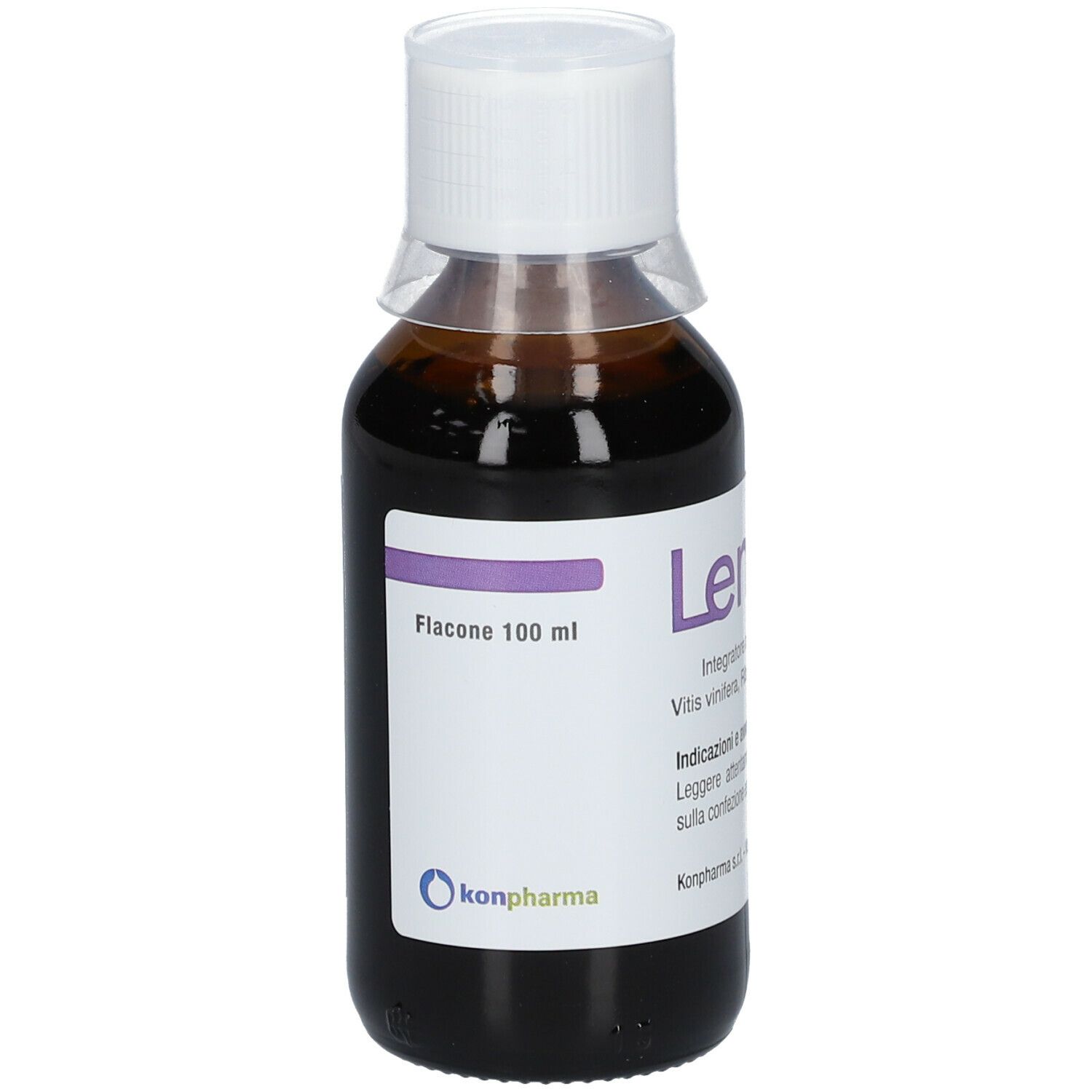 Flacon de liquide brun avec bouchon blanc. L'étiquette indique "Lenitux".