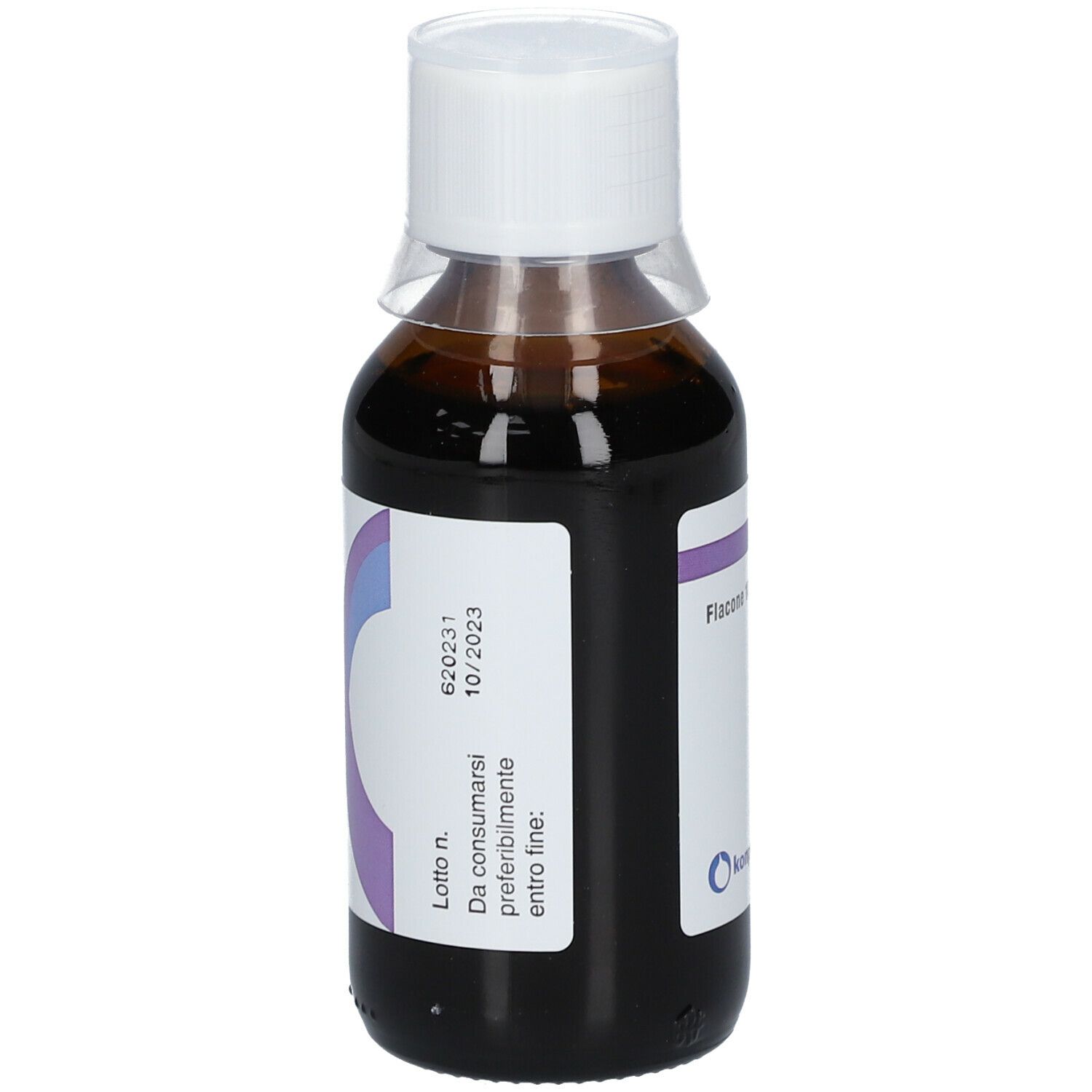 Flacon de liquide brun avec bouchon blanc. L'étiquette indique "Lenitux".