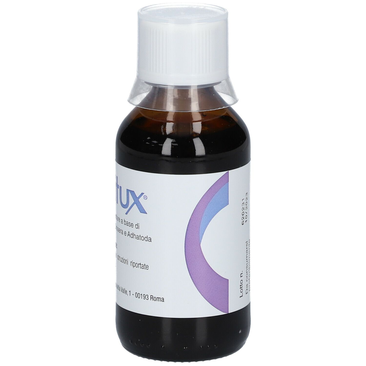 Flacon de liquide brun avec bouchon blanc. L'étiquette indique "Lenitux".