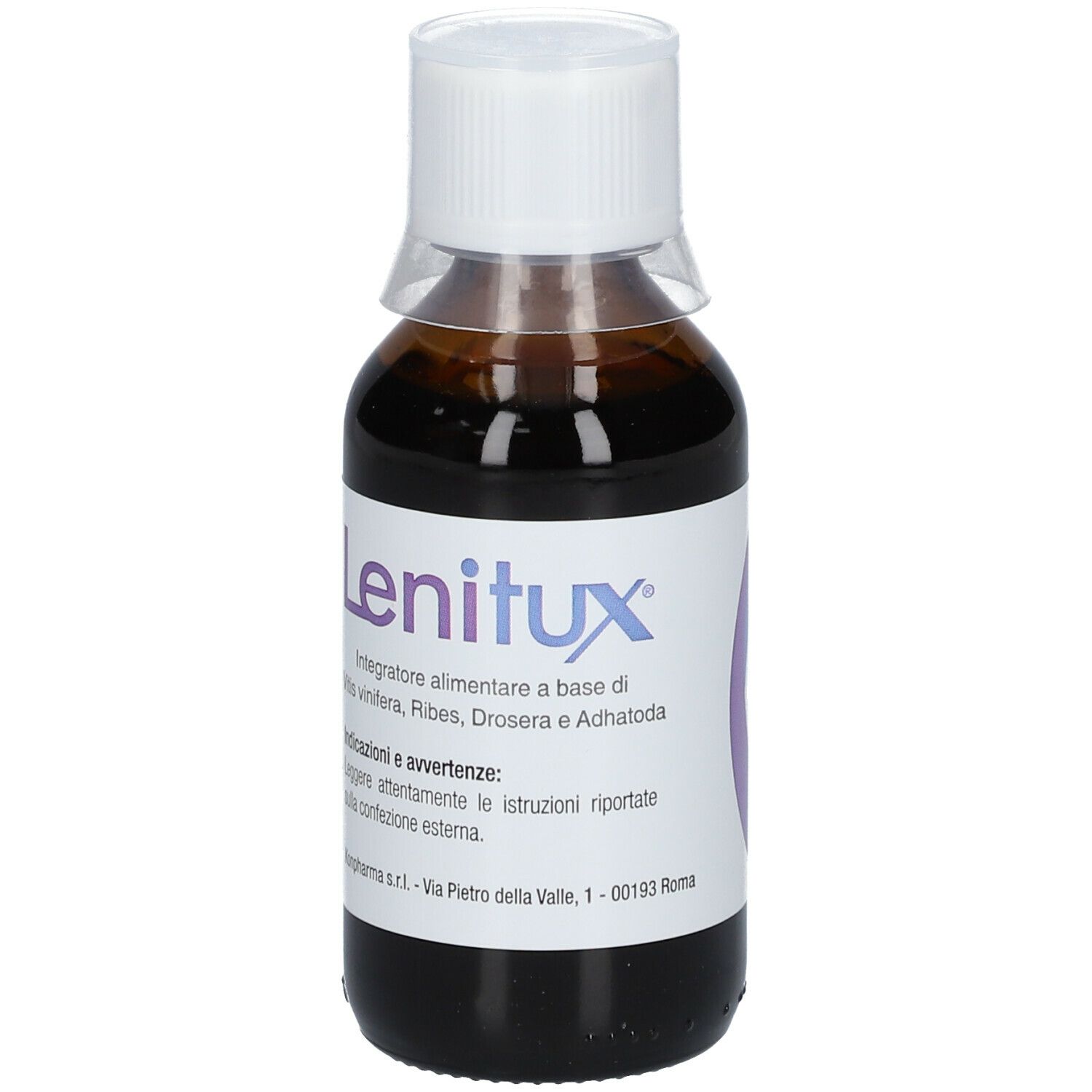 Flacon de liquide brun avec bouchon blanc. L'étiquette indique "Lenitux".