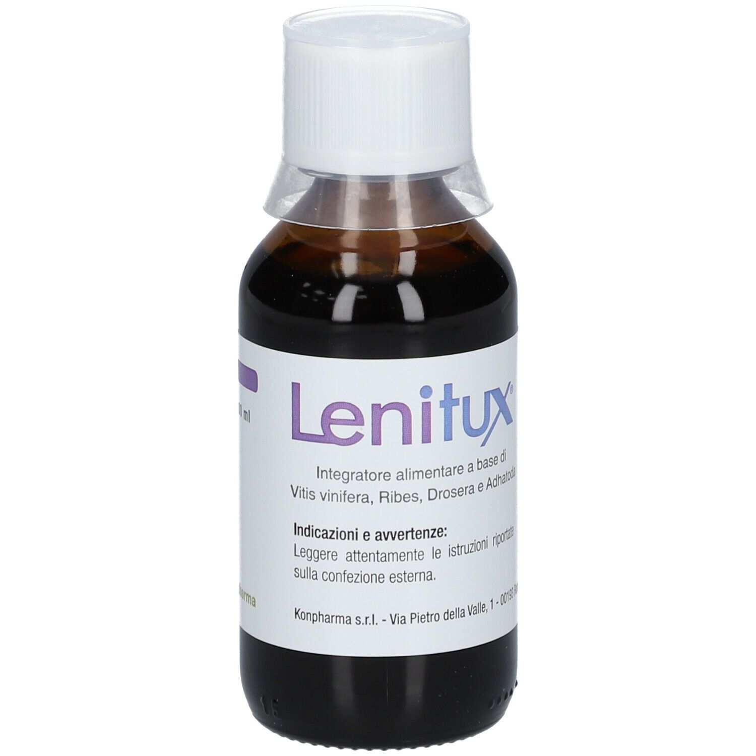 Flacon de liquide brun avec bouchon blanc. L'étiquette indique "Lenitux".