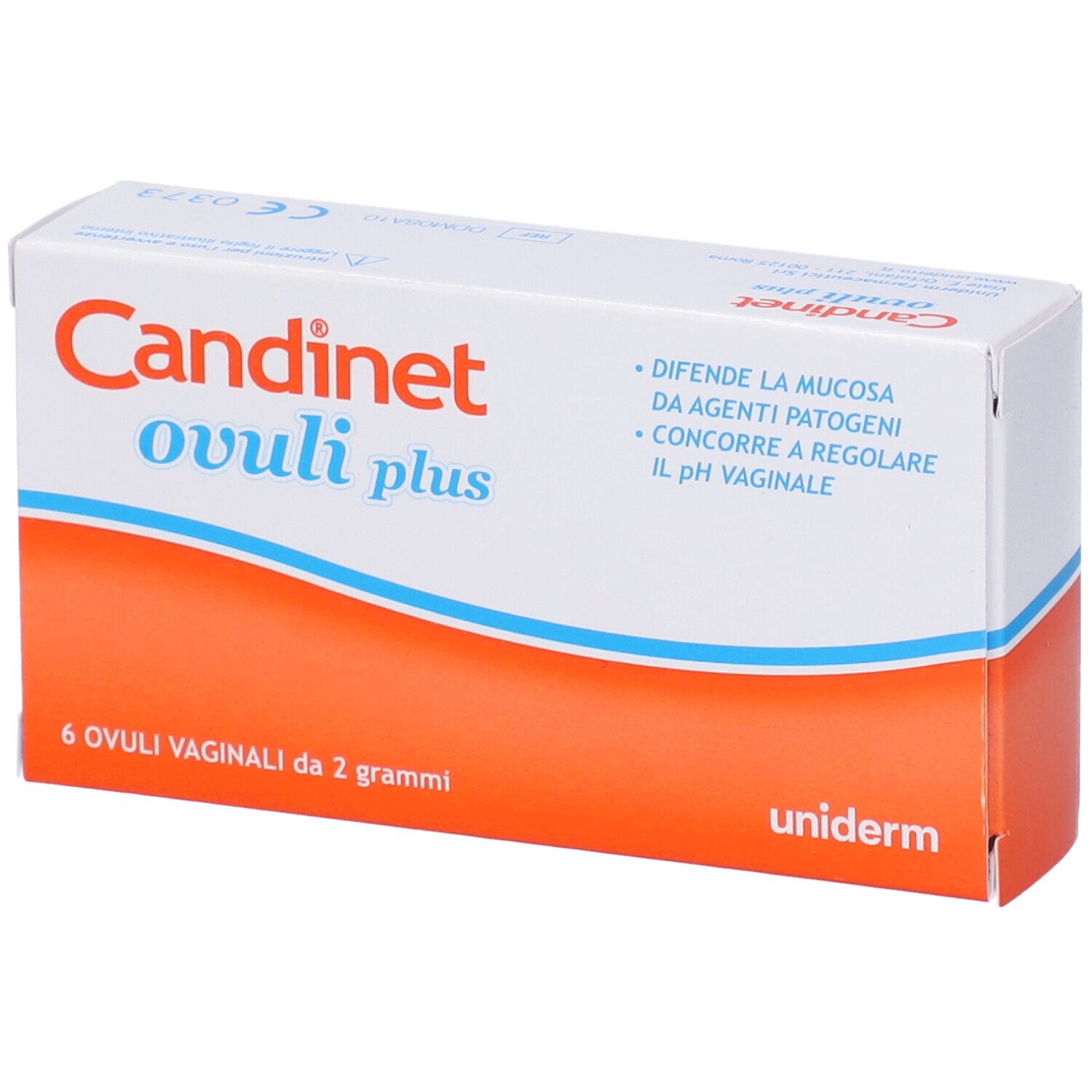 Schachtel mit "Candinet ovuli plus". 6 Vaginalzäpfchen. Orange-weißes Design. Uniderm-Logo.