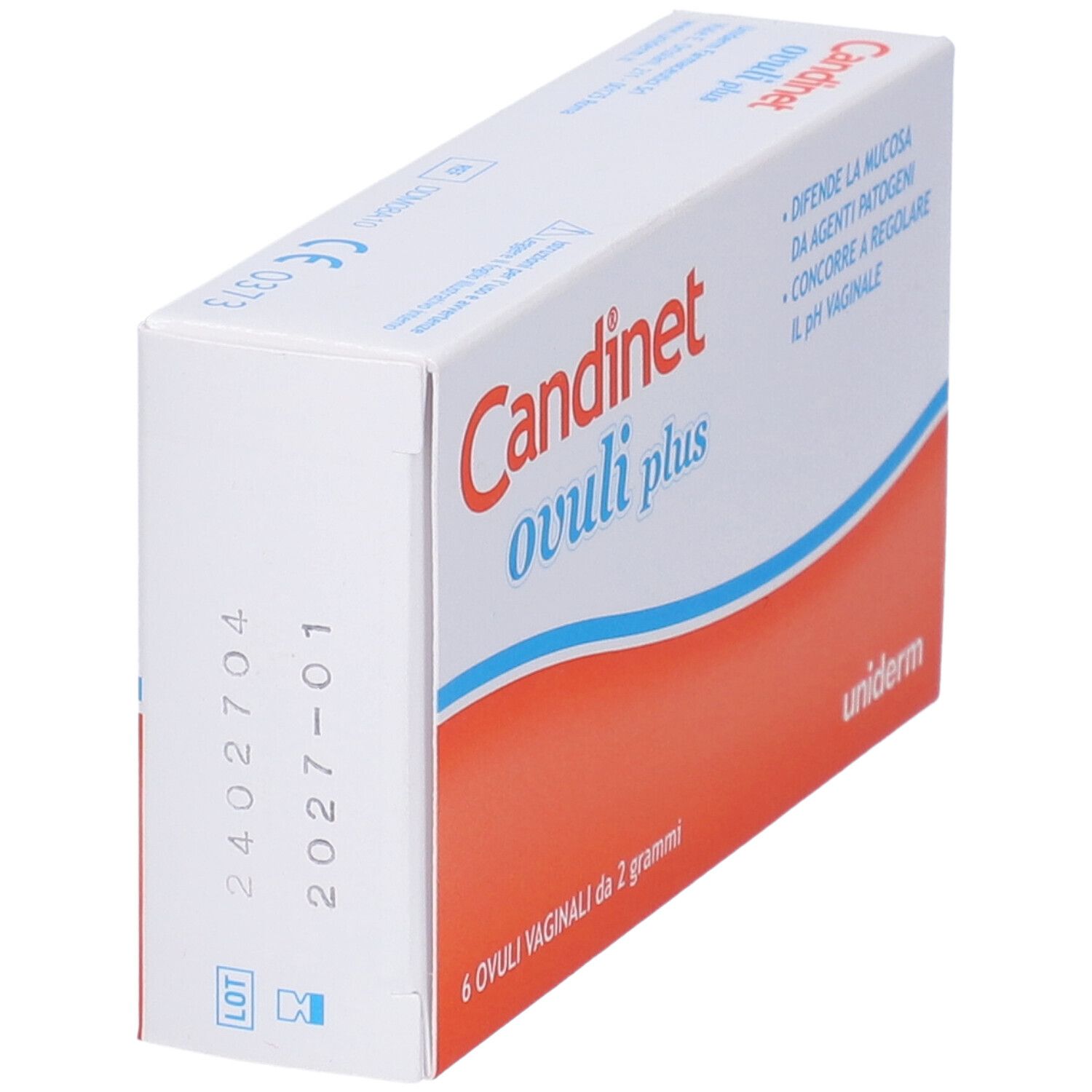 Schachtel "Candinet ovuli plus". Seitenansicht. Text und Logos. Weiße und orangefarbene Verpackung.