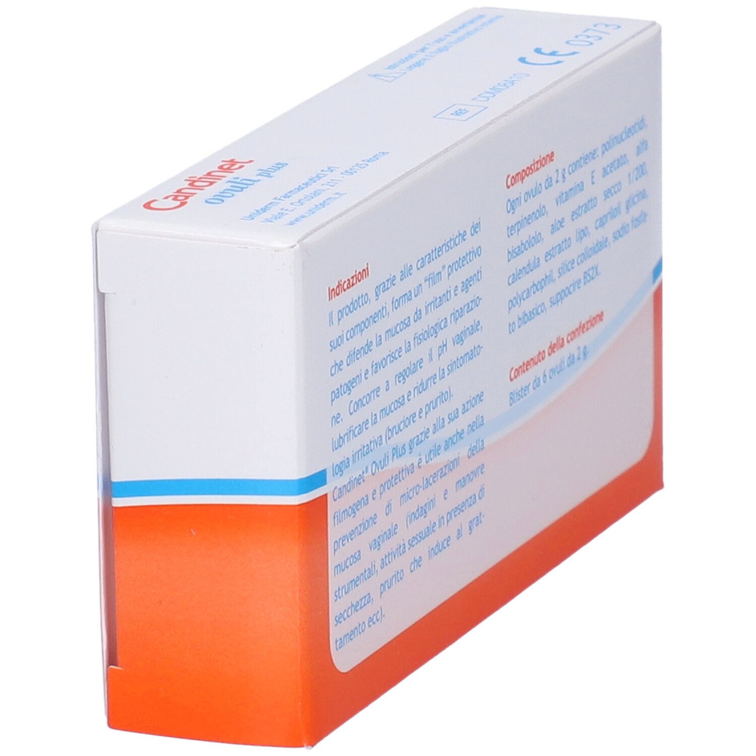 Schachtel "Candinet ovuli plus". Seitenansicht mit Text. Weiße und orangefarbene Verpackung.