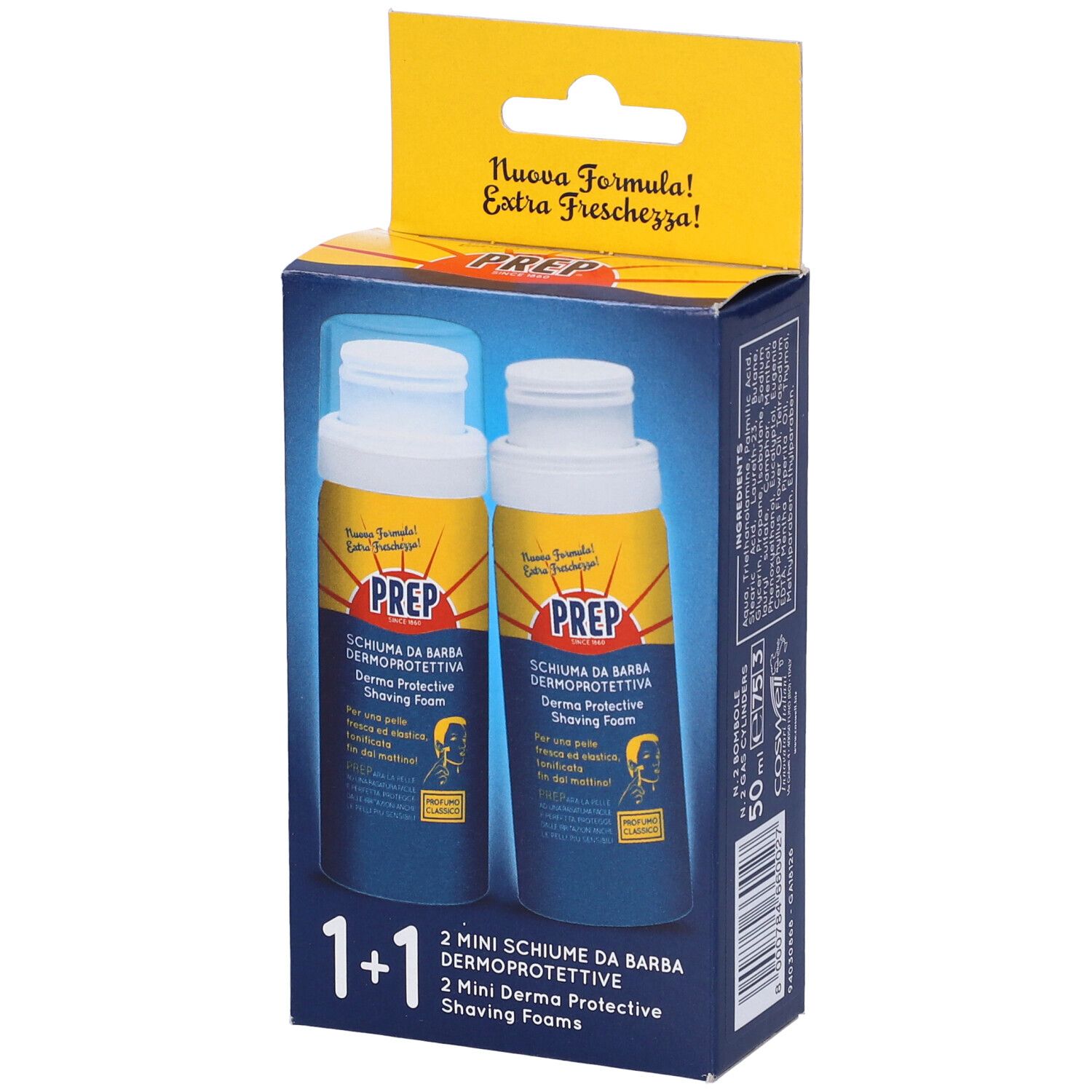Due flaconi in confezione giallo-blu. Scritta: PREP, Schiuma da Barba, 2 Mini Schiume, 1+1. Gancio giallo.