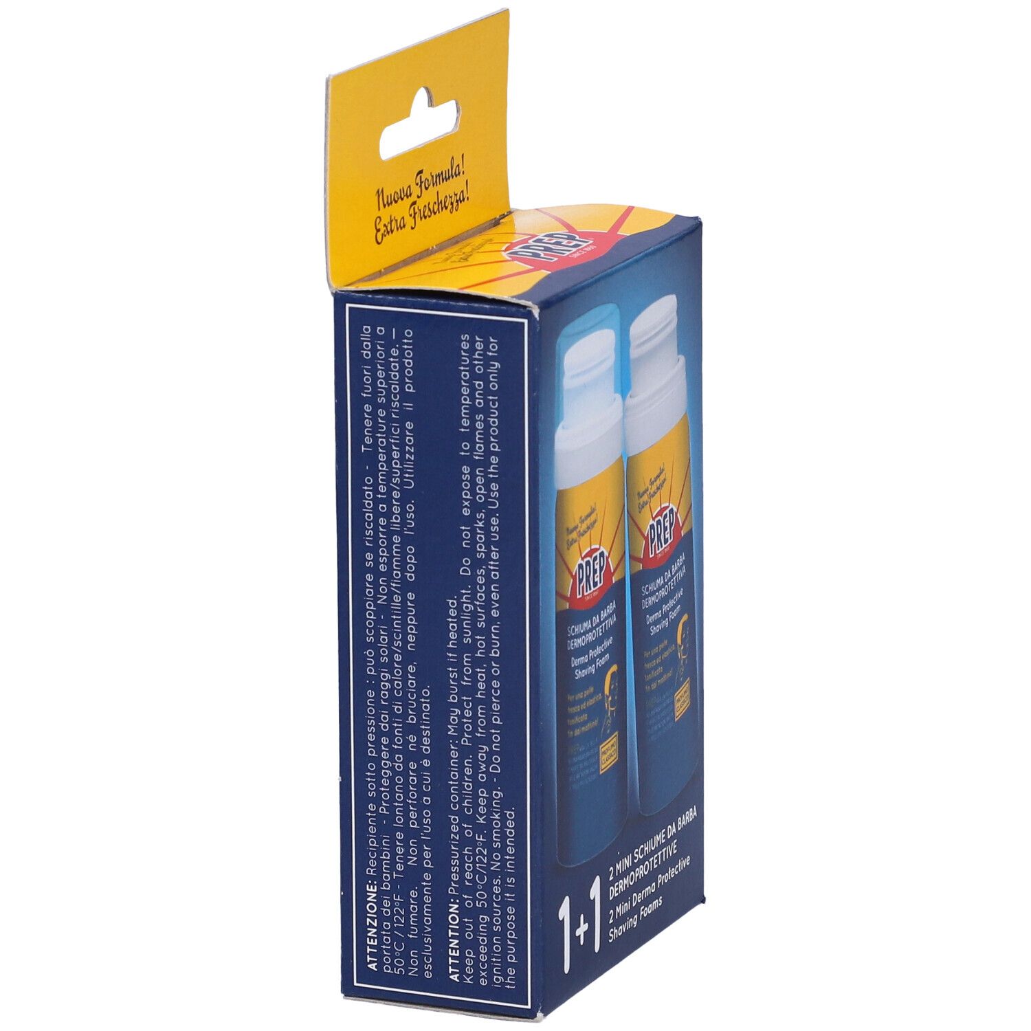 Confezione con due flaconi. Scritta: PREP, Schiuma da Barba, 2 Mini Schiume, 1+1. Gancio giallo.