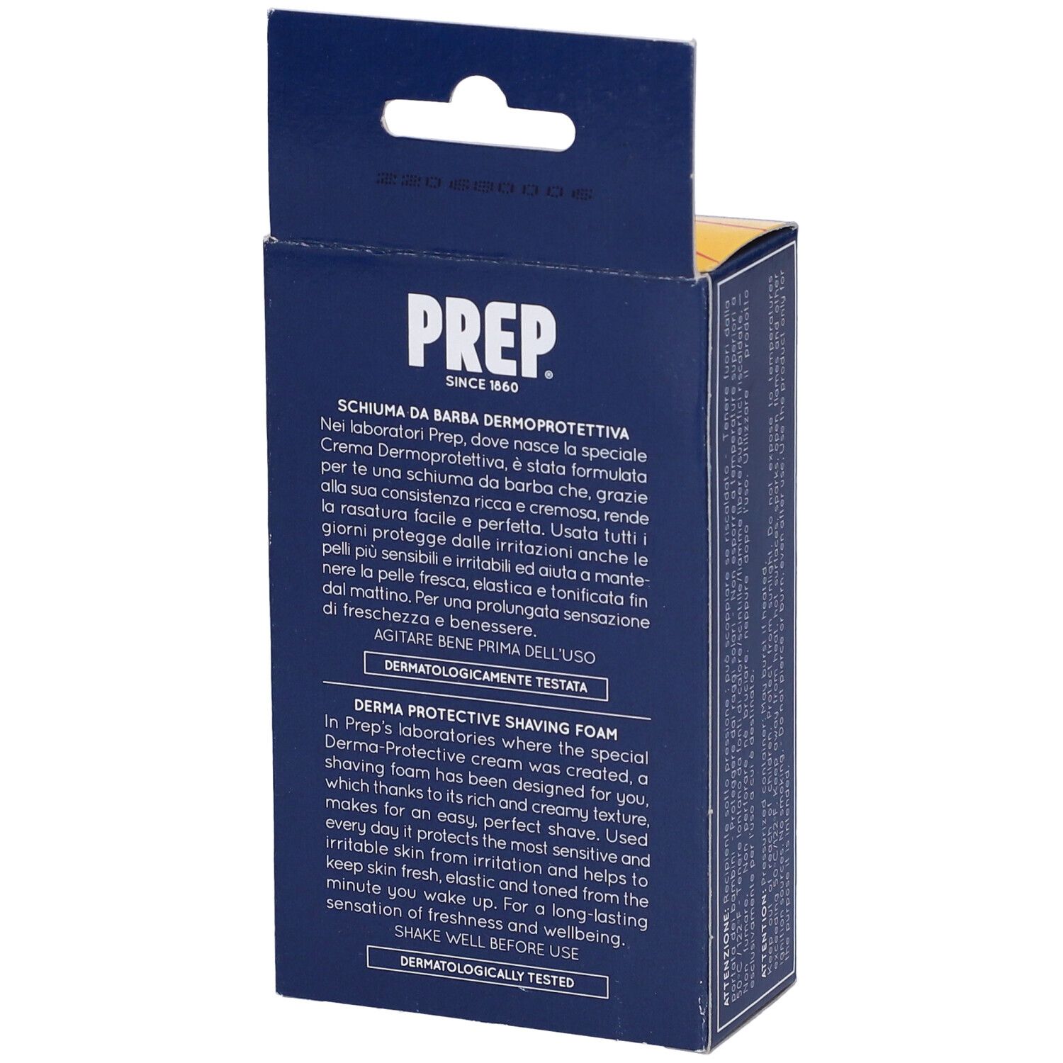 Confezione blu con testo. Scritta: PREP, Schiuma da Barba, dermatologicamente testato. Testo in italiano e inglese.