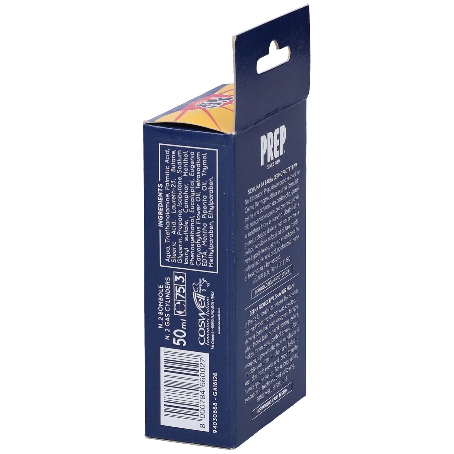 Confezione blu con testo e ingredienti. Scritta: PREP, Schiuma da Barba. N. 2 Bombole 50ml 75.3. Codice a barre.