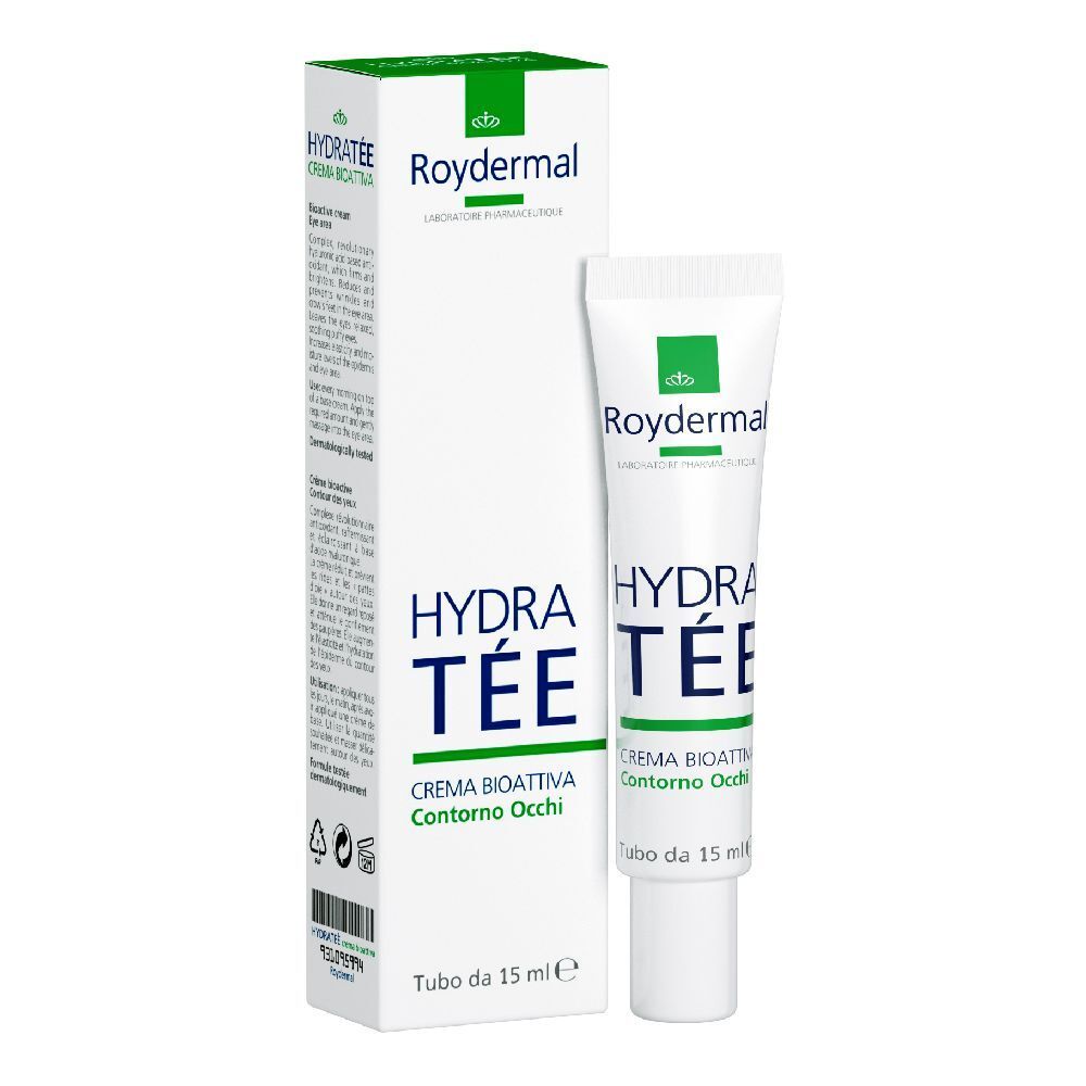 Tubo e scatola bianchi con dettagli verdi. Sul tubo e sulla scatola si legge "Roydermal", "HYDRA TÉE" e "CREMA BIOATTIVA Contorno Occhi".