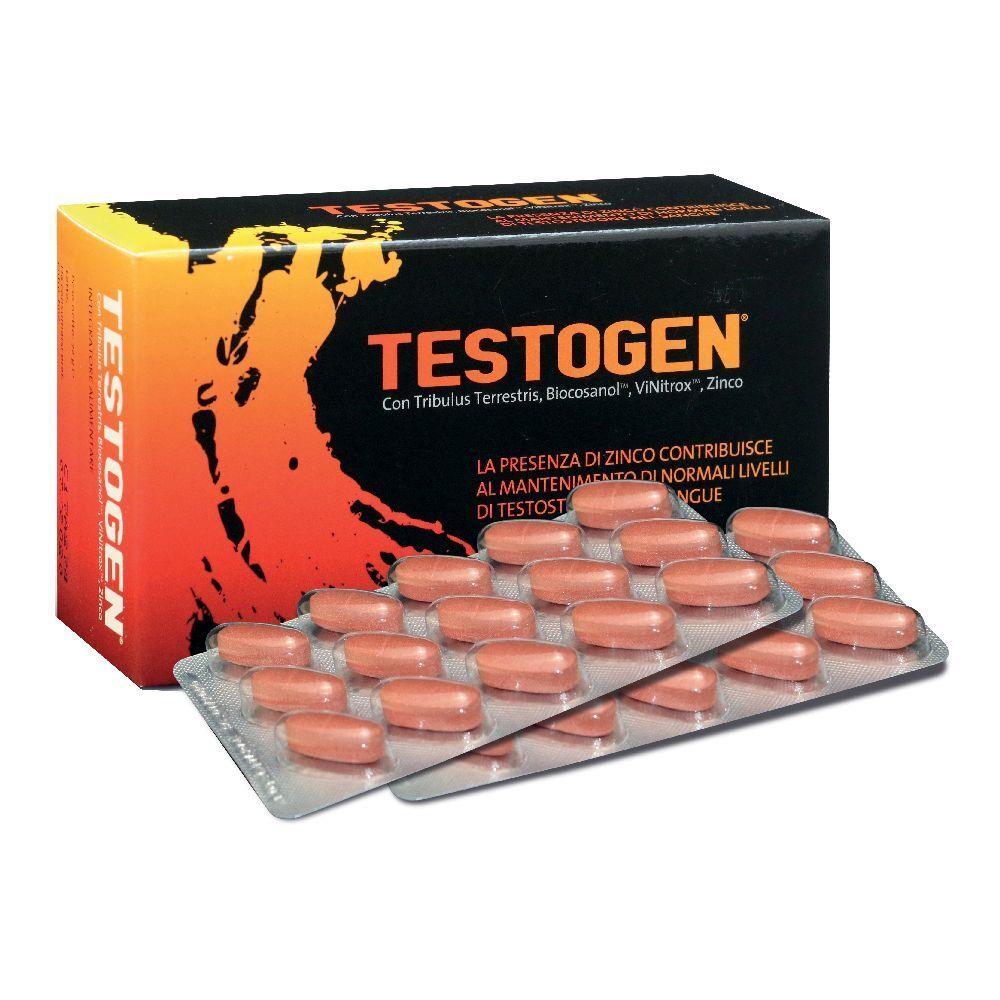 Scatola con capsule TESTOGEN. Blister con capsule ovali rosa. Contiene Tribulus Terrestris, Zinco. Testo in italiano.