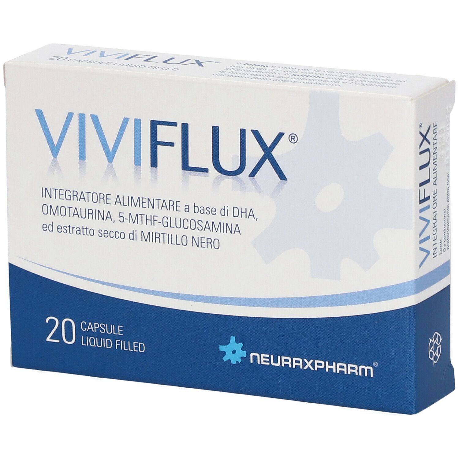 Scatola bianca con testo blu. Scritto: VIVIFLUX, 20 capsule. Contiene DHA, Omotaurina, 5-MTHF-Glucosamina ed estratto di mirtillo nero.
