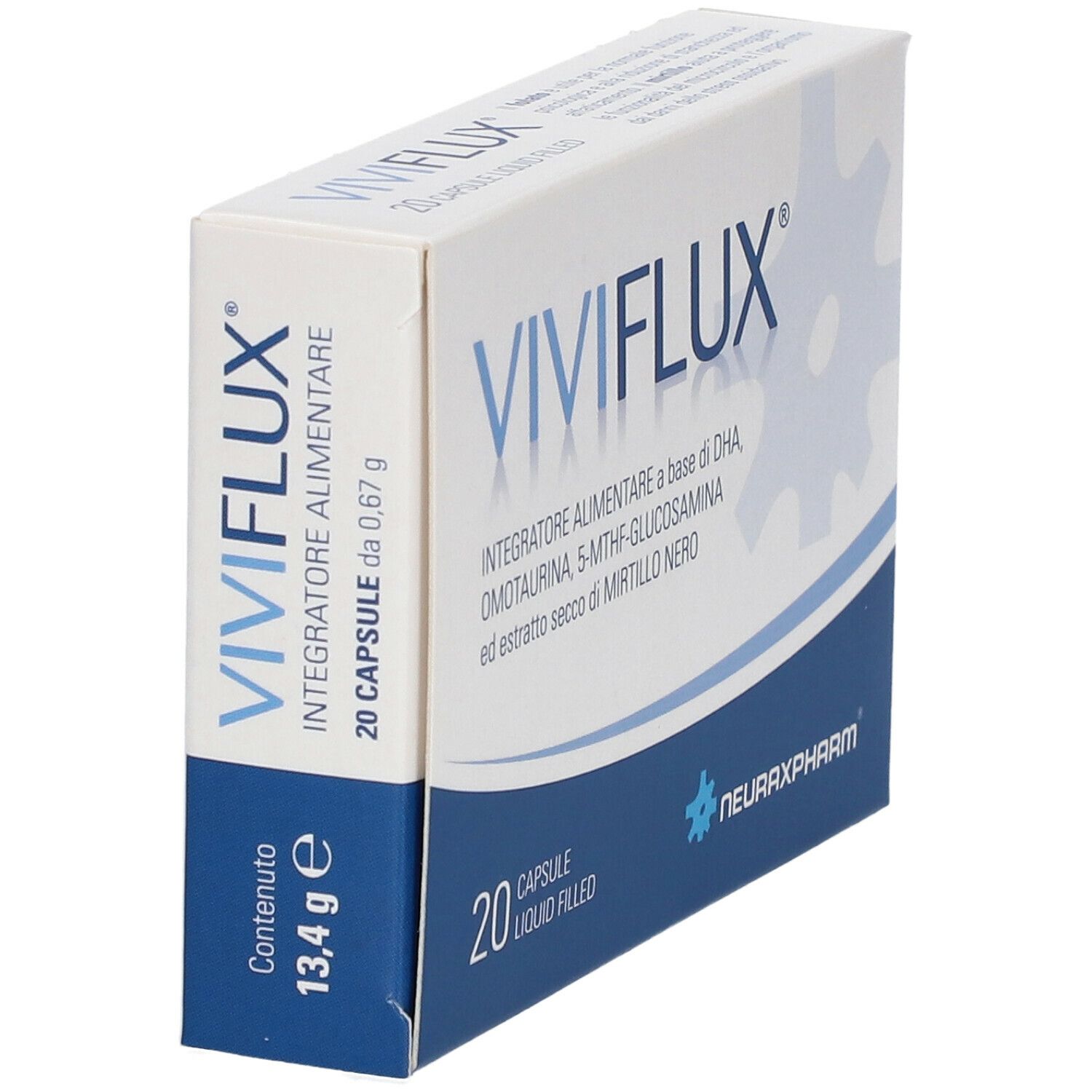 Scatola con testo blu. Scritto: VIVIFLUX, 20 capsule. Contiene DHA, Omotaurina, 5-MTHF-Glucosamina ed estratto di mirtillo nero. 13,4 g.