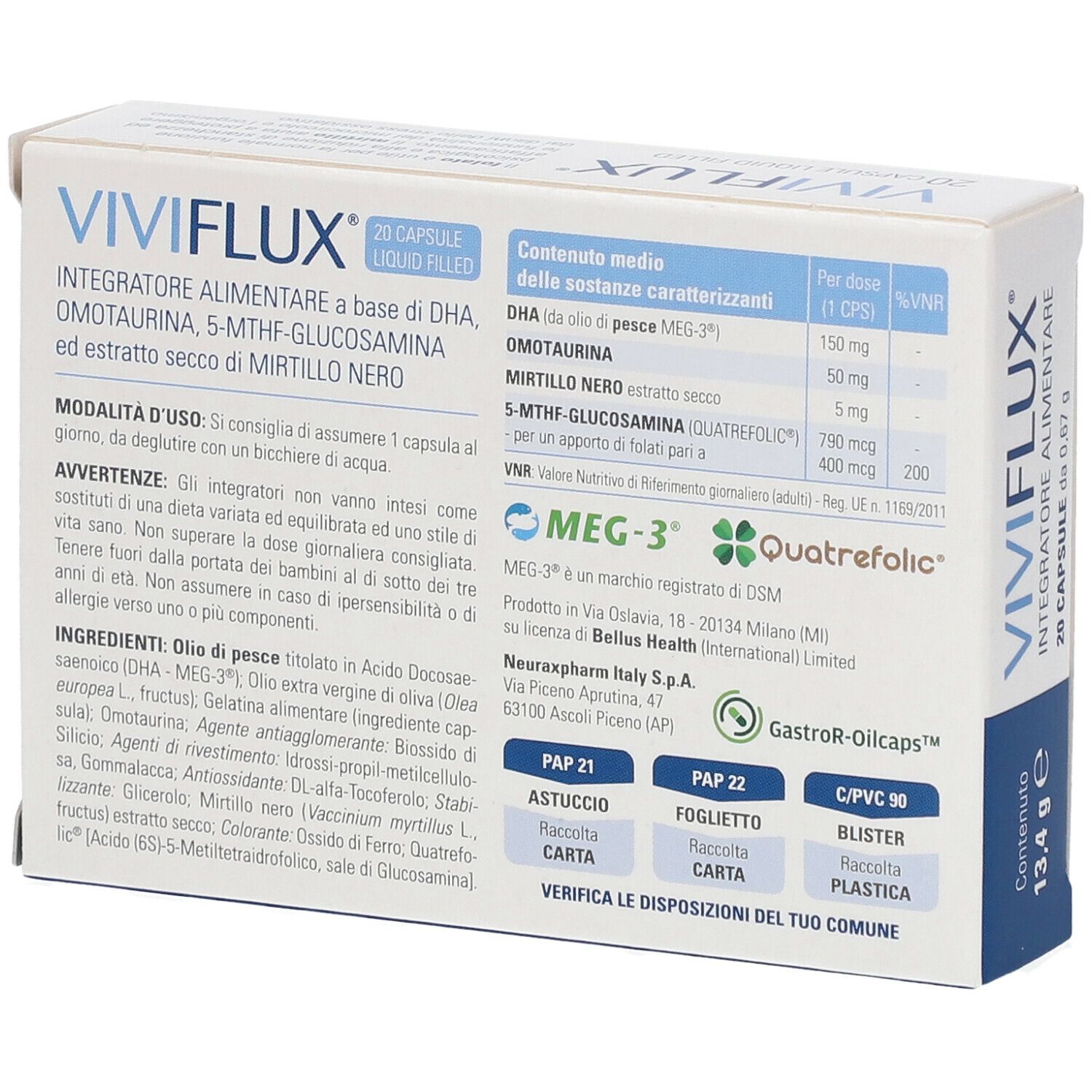 Scatola con informazioni nutrizionali. Scritto: VIVIFLUX, 20 capsule. Contiene DHA, Omotaurina, 5-MTHF-Glucosamina ed estratto di mirtillo nero.