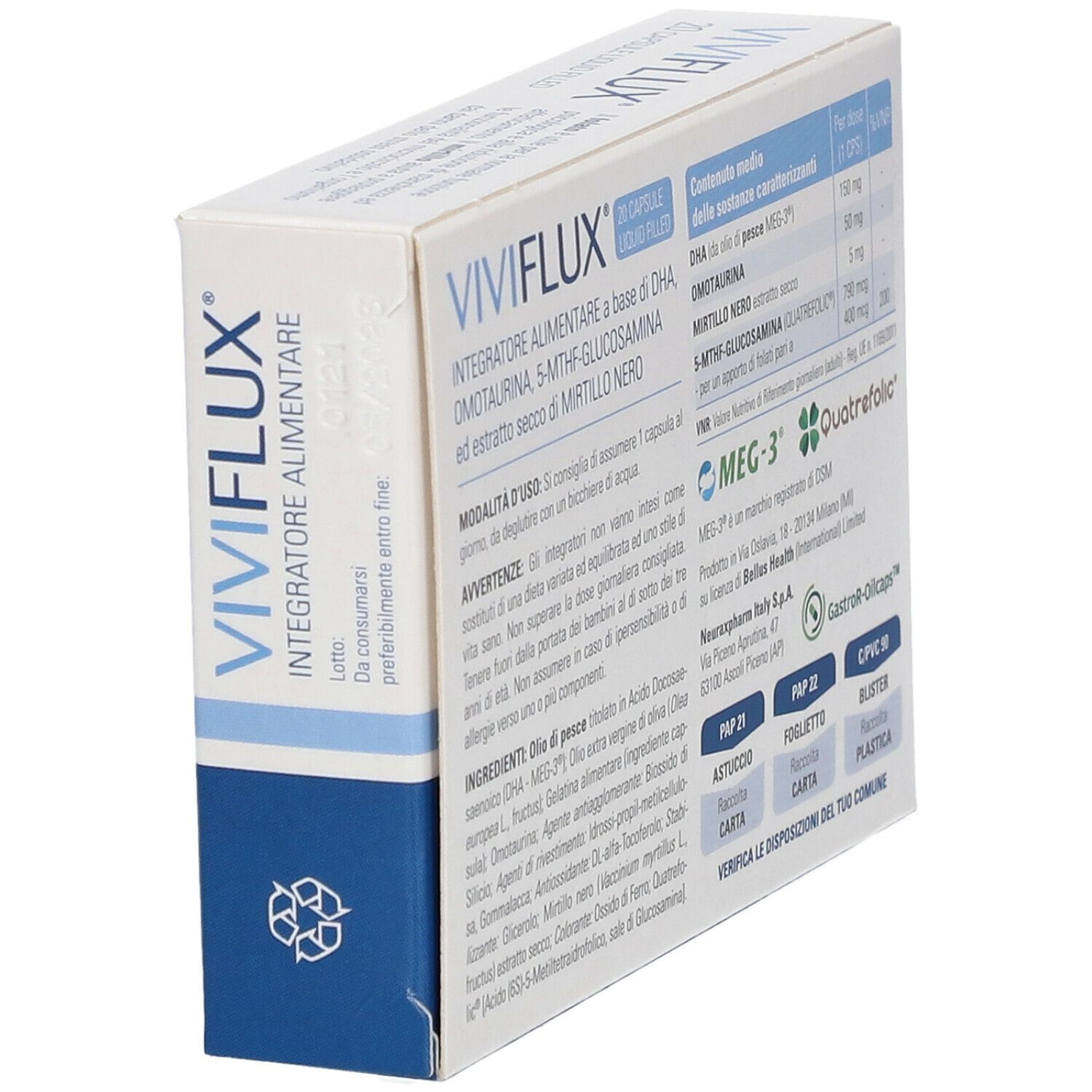 Scatola con informazioni nutrizionali. Scritto: VIVIFLUX, 20 capsule. Contiene DHA, Omotaurina, 5-MTHF-Glucosamina ed estratto di mirtillo nero.