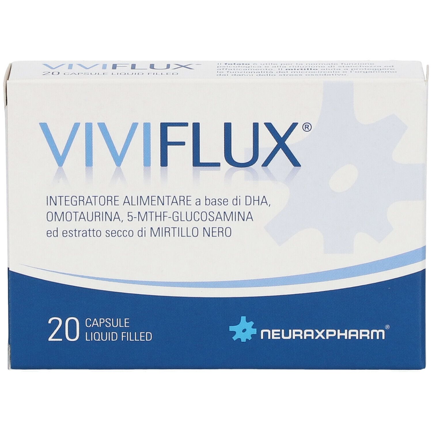 Scatola bianca con testo blu. Scritto: VIVIFLUX, 20 capsule. Contiene DHA, Omotaurina, 5-MTHF-Glucosamina ed estratto di mirtillo nero.