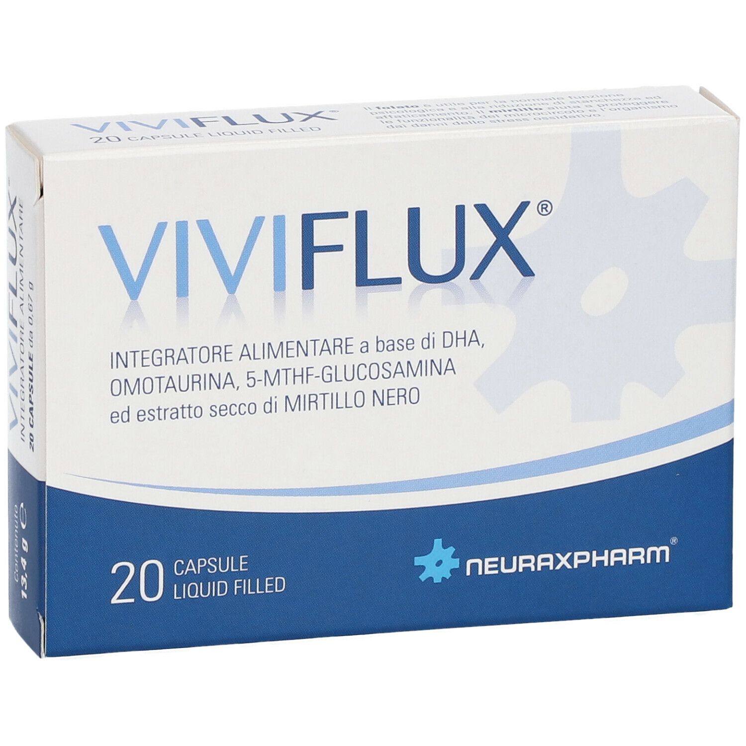 Scatola bianca con testo blu. Scritto: VIVIFLUX, 20 capsule. Contiene DHA, Omotaurina, 5-MTHF-Glucosamina ed estratto di mirtillo nero.