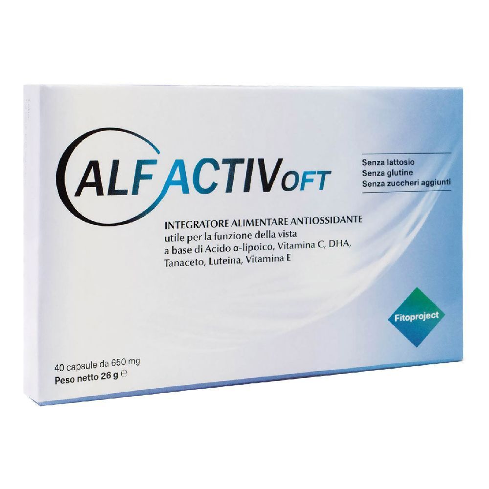 Scatola ALFACTIV oft. Contiene 40 capsule. Scritta: Integratore alimentare antiossidante. Marchio: Fitoproject.
