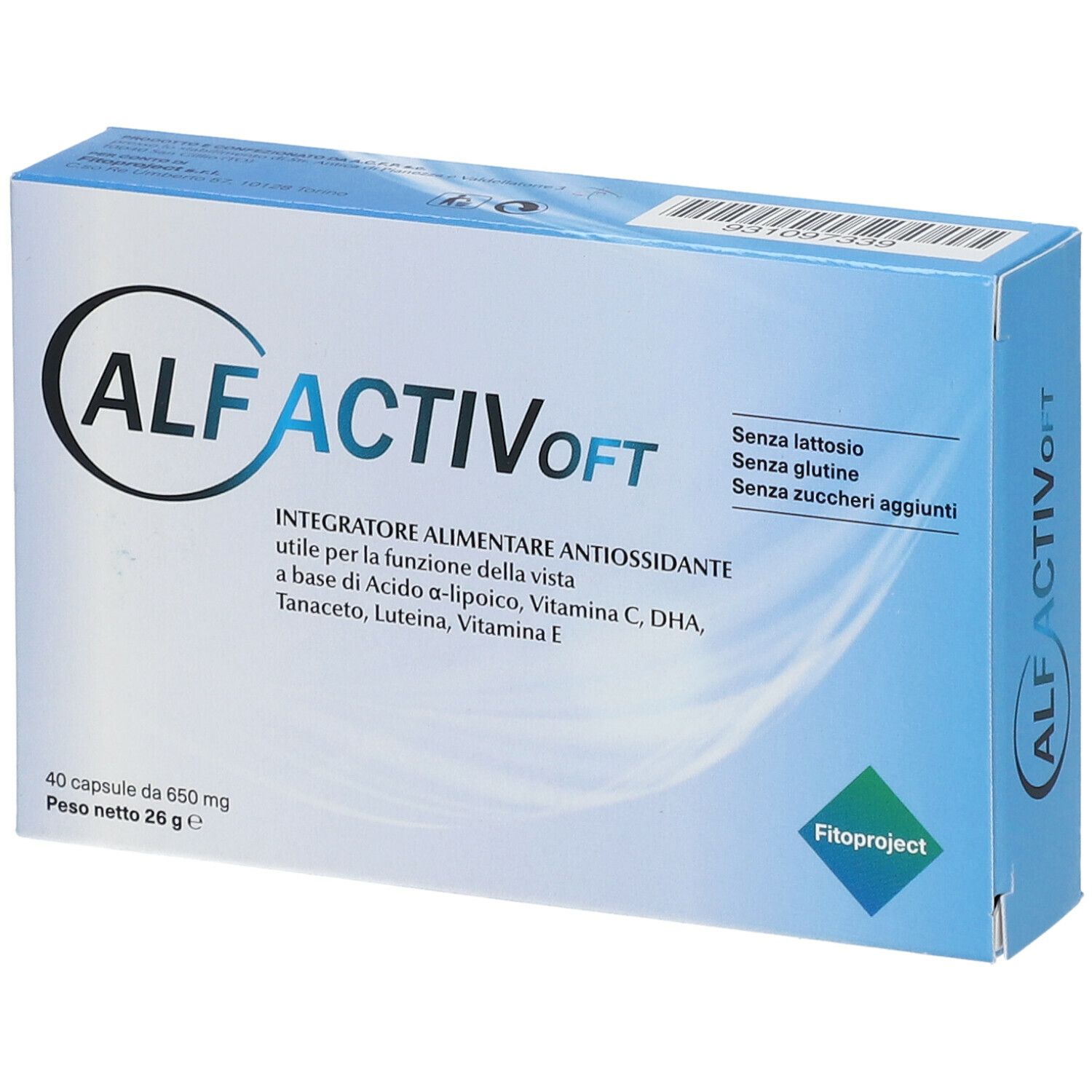 Scatola blu e bianca ALFACTIV oft. Contiene 40 capsule. Scritta: Integratore alimentare antiossidante. Marchio: Fitoproject.