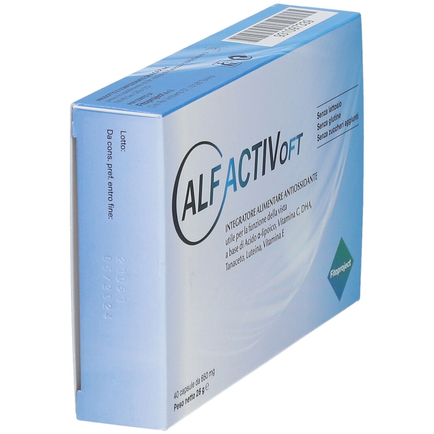 Scatola ALFACTIV oft in diagonale. Contiene 40 capsule. Scritta: Integratore alimentare antiossidante. Marchio: Fitoproject.
