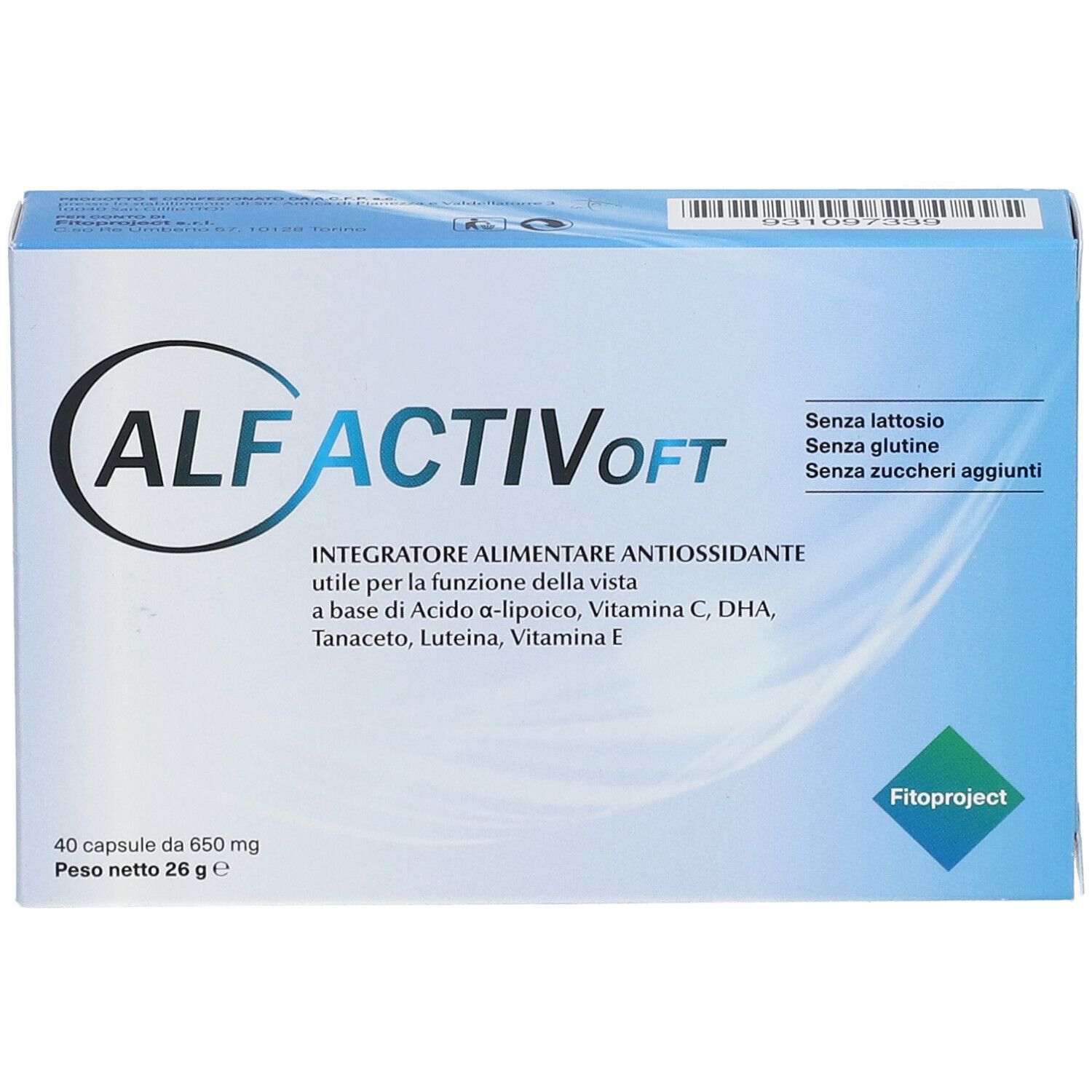 Scatola ALFACTIV oft. Contiene 40 capsule. Scritta: Integratore alimentare antiossidante. Marchio: Fitoproject. Senza lattosio, glutine e zuccheri.