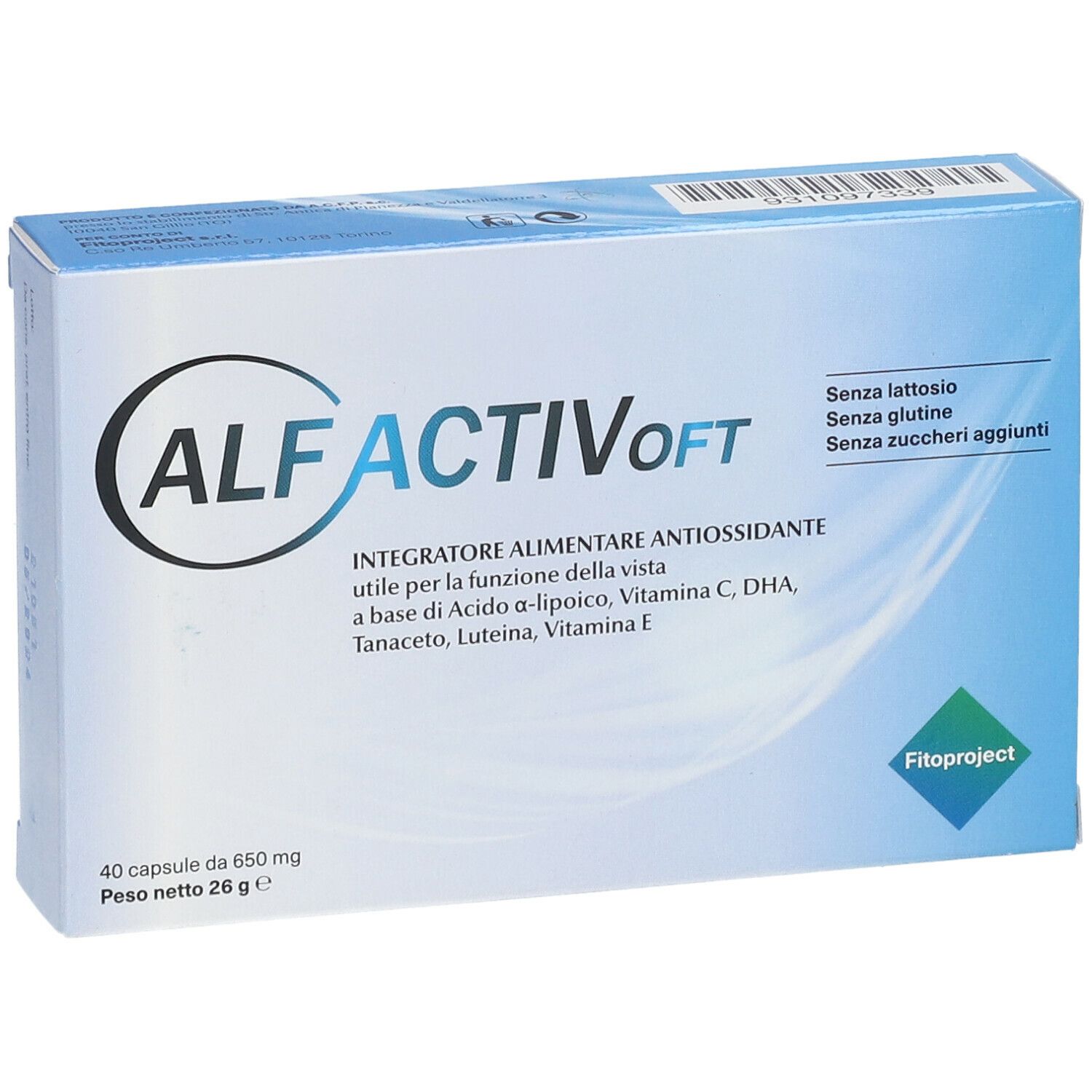Scatola ALFACTIV oft. Contiene 40 capsule. Scritta: Integratore alimentare antiossidante. Marchio: Fitoproject. Senza lattosio, glutine e zuccheri.