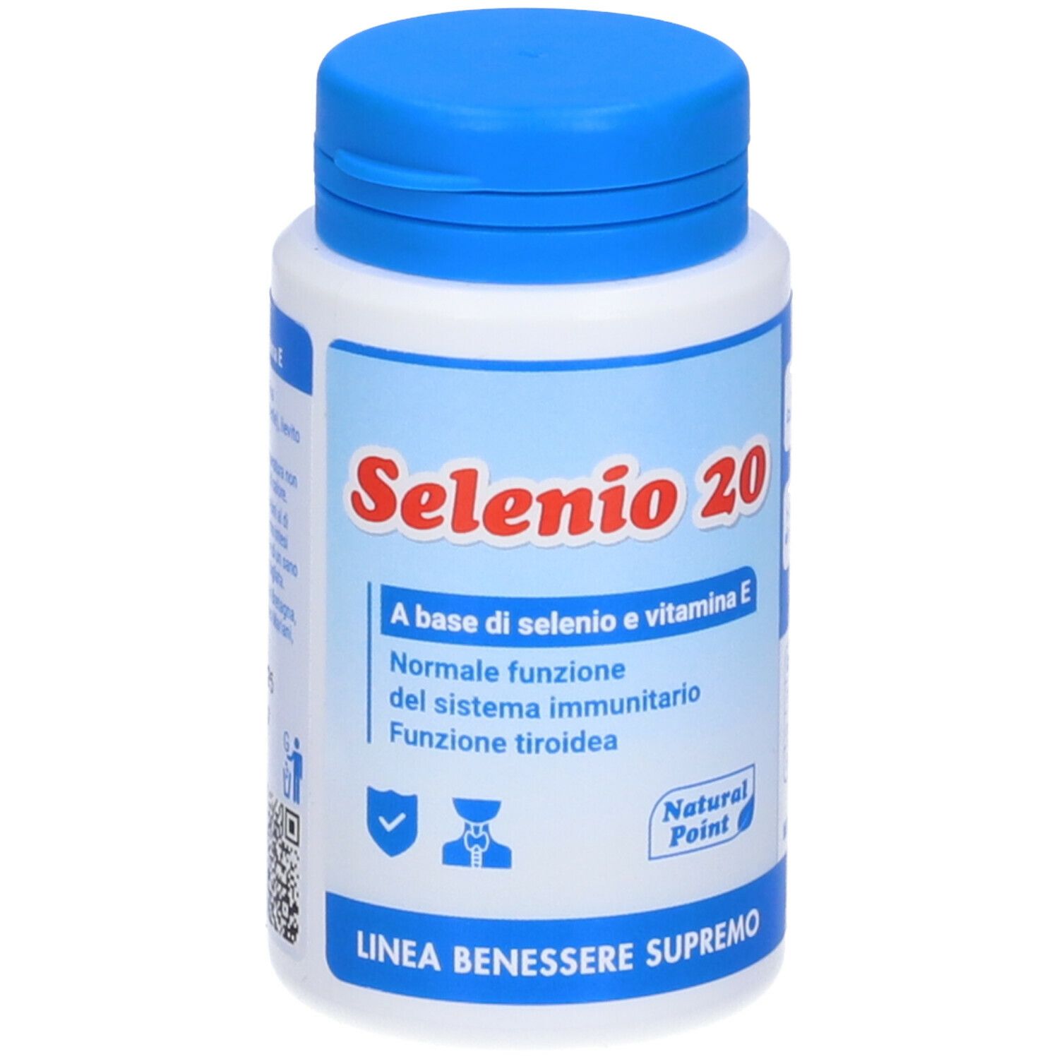 Flacone bianco, tappo blu. Scritta Selenio 20. Contiene selenio e vitamina E. Logo Natural Point.